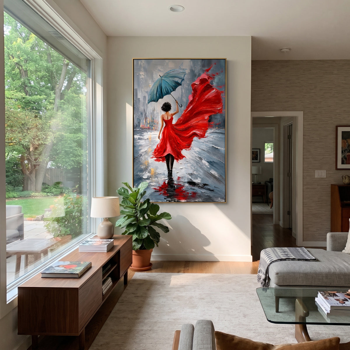 Red Dress in the Rain - red dress umbrella painting shown in modern room setting 2