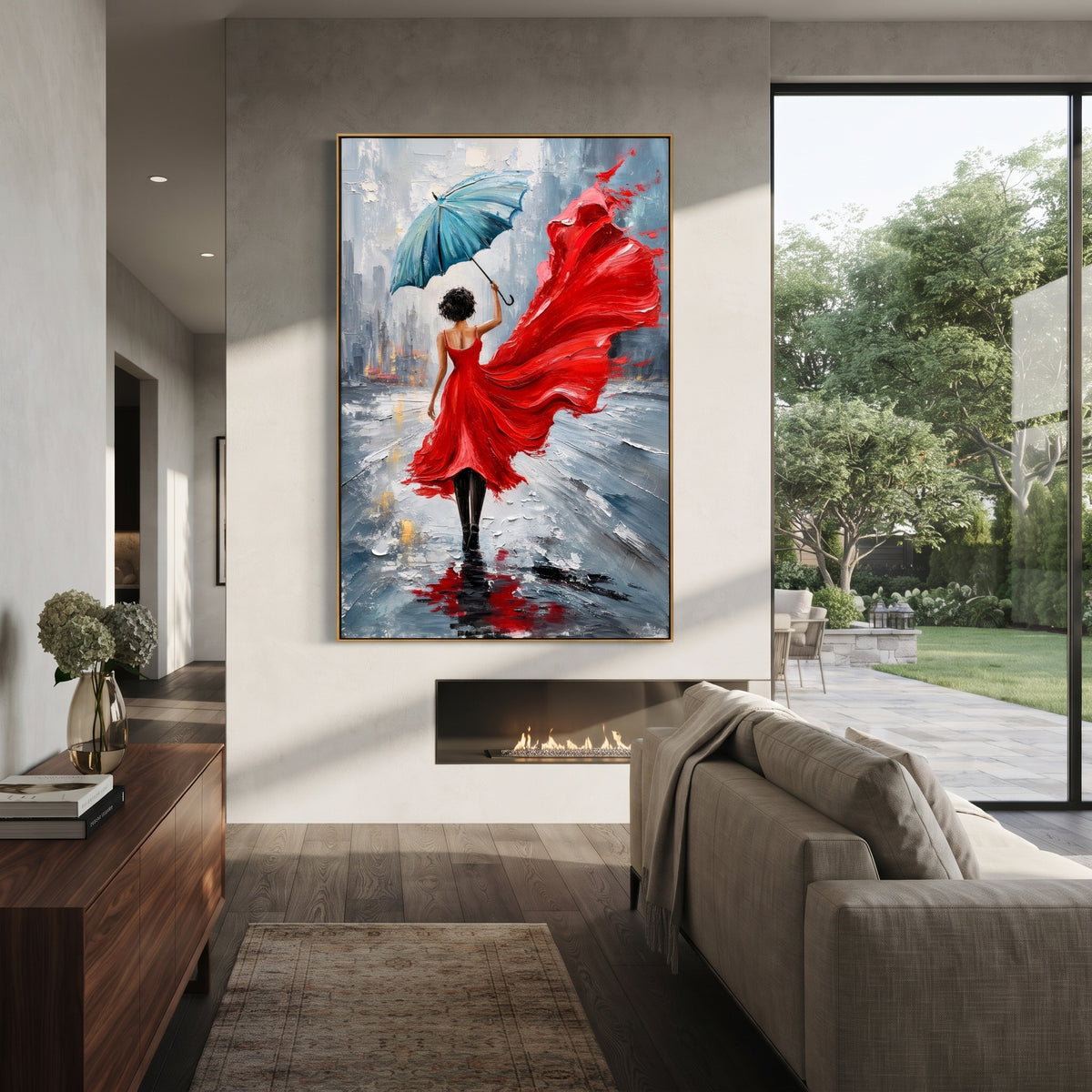Red Dress in the Rain - red dress umbrella painting shown in modern room setting 4