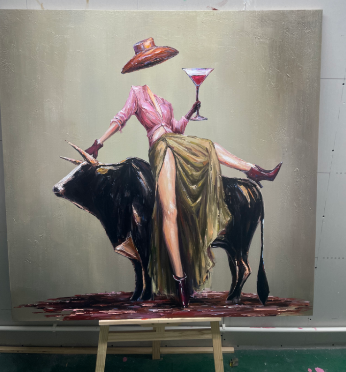 Brim Above the Bull – Olive Western Woman and Black Bull Painting | Vintage Americana Square Wall Art