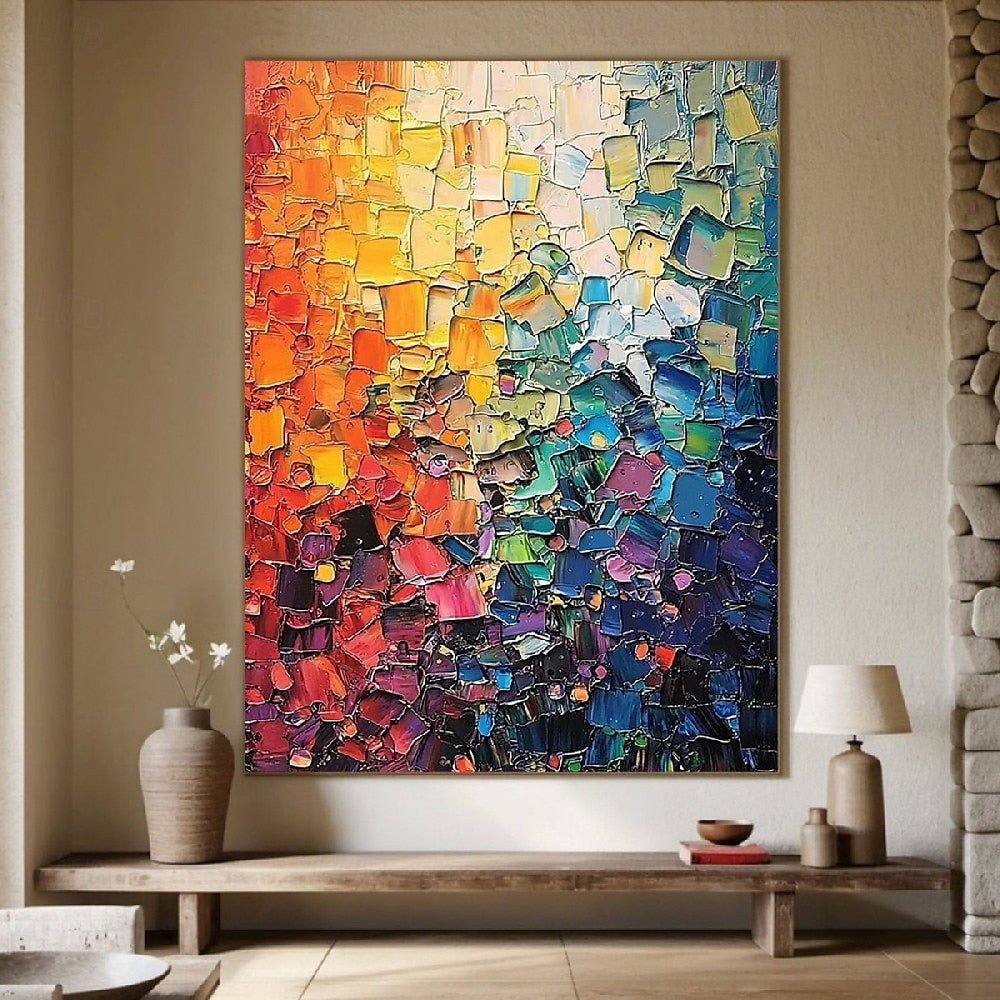 Prism Spectrum – Hand-Painted Multicolored Rainbow Palette Knife Abstract Painting | Bold Abstract Palette Knife Living Room Art