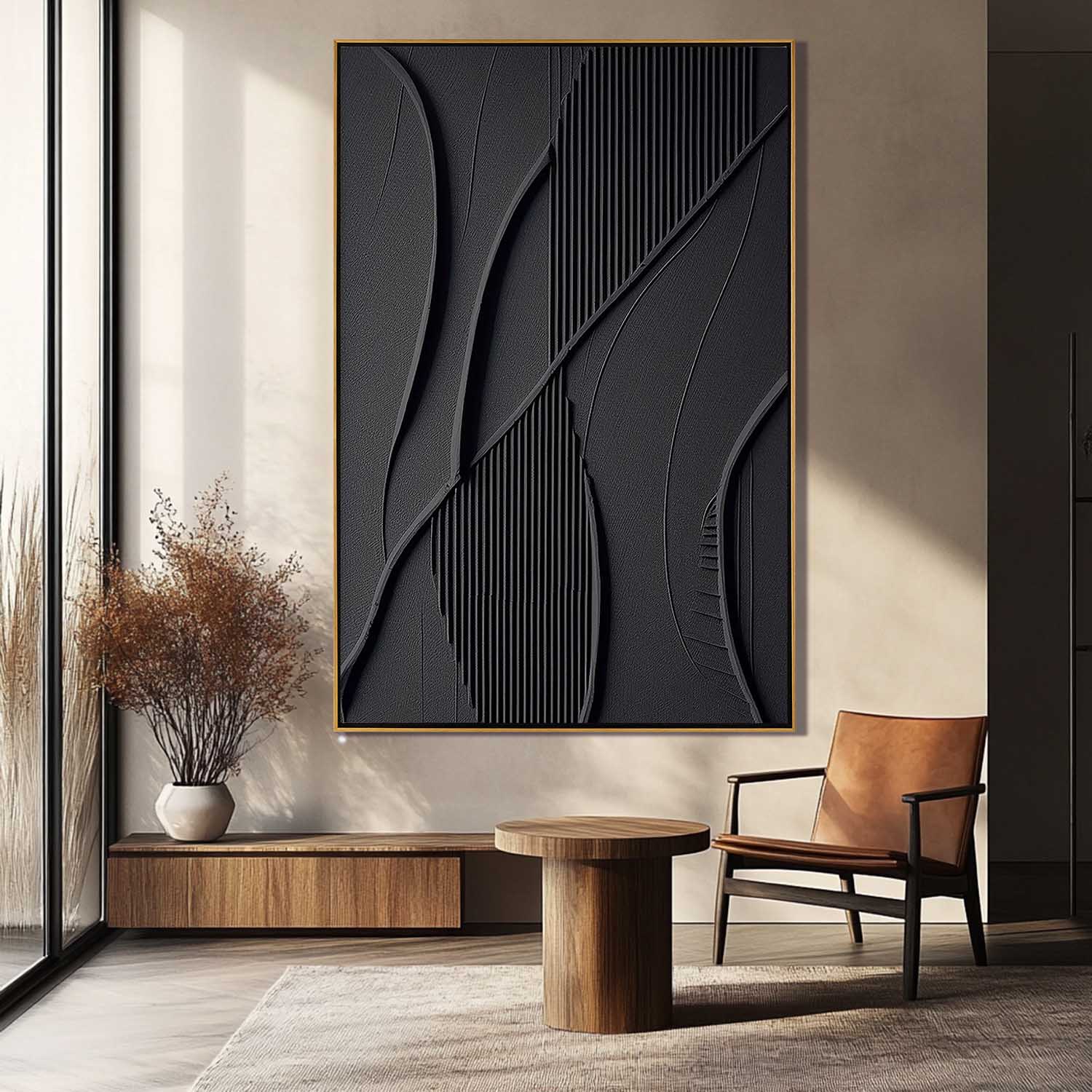Onyx Veins – Hand-Painted Matte Black Intertwined Fluid Lines Fluted Texture Relief Wabi-Sabi Painting | Japandi Wabi-Sabi Living Room & Bedroom Art