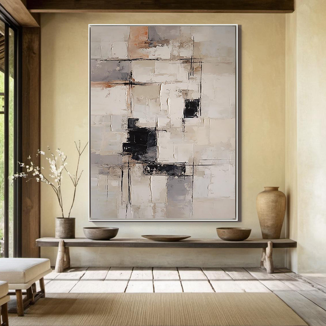 URBAN GEOMETRY: Abstract Wall Art, Hand-Painted Modern Neutral Palette Knife Block Textured Oil Painting