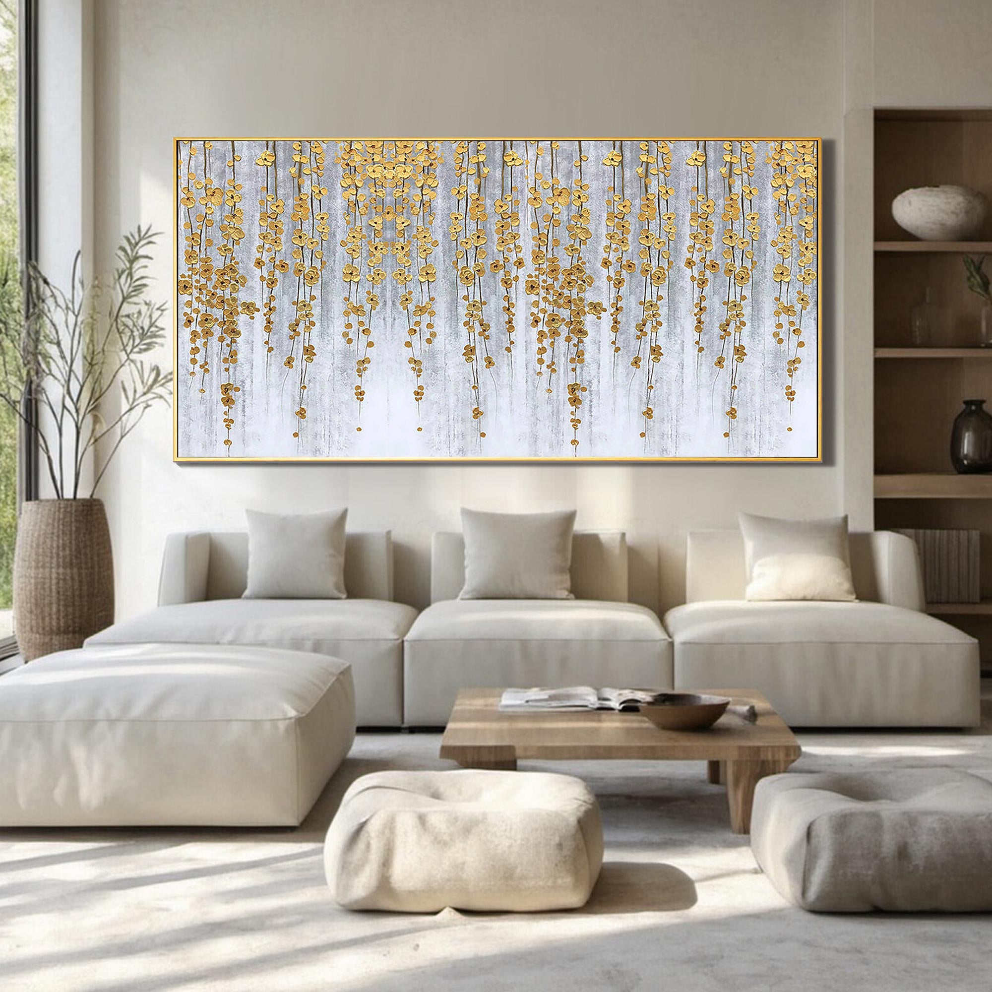 Golden Cascade – Luxury Gold Foil Hanging Vine Style Hand-Painted Floral Painting | Modern Luxury Botanical Bedroom & Living Room Art