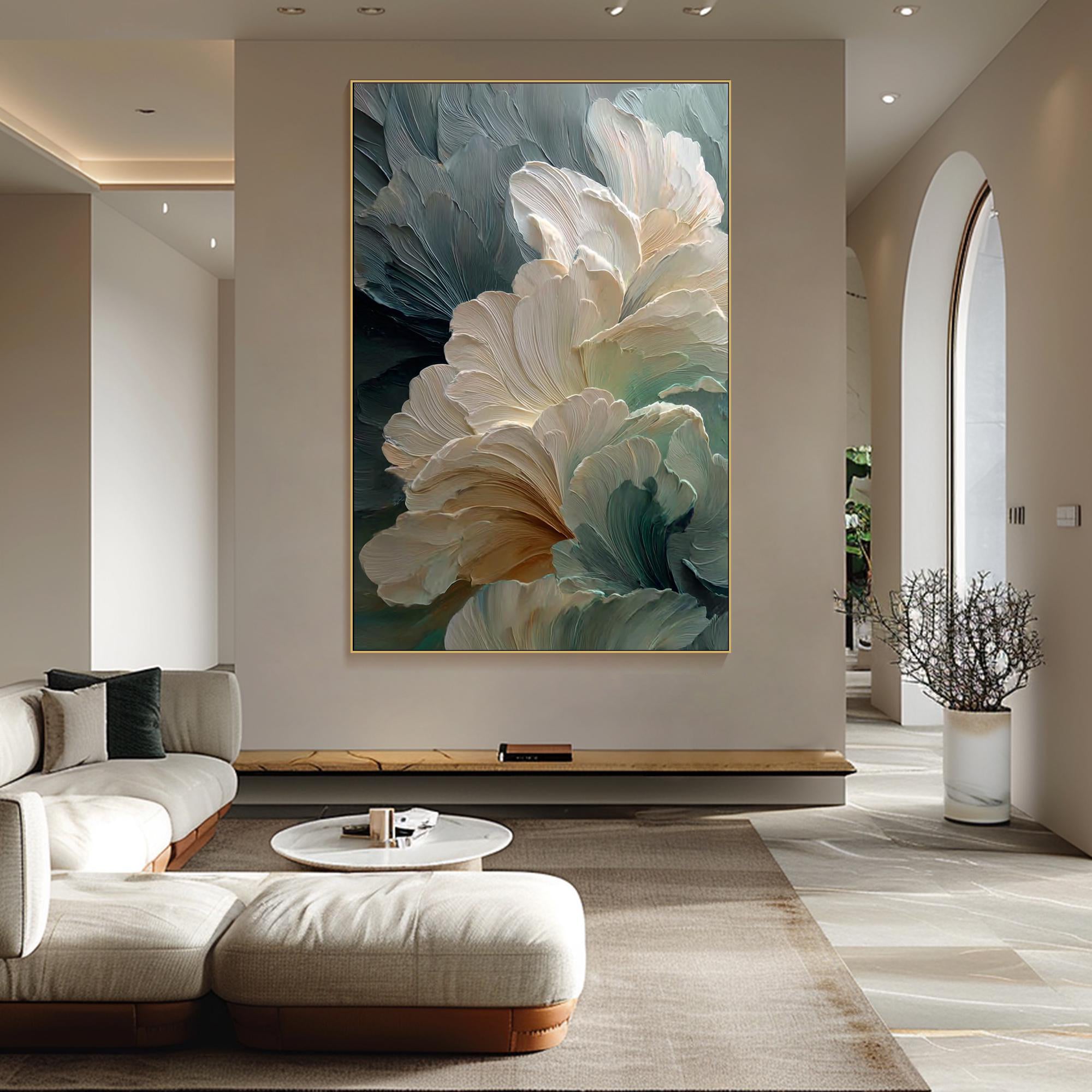 Glacier Bloom – Modern Abstract Morandi Floral Textured Painting | Luxury Impasto Bedroom Art