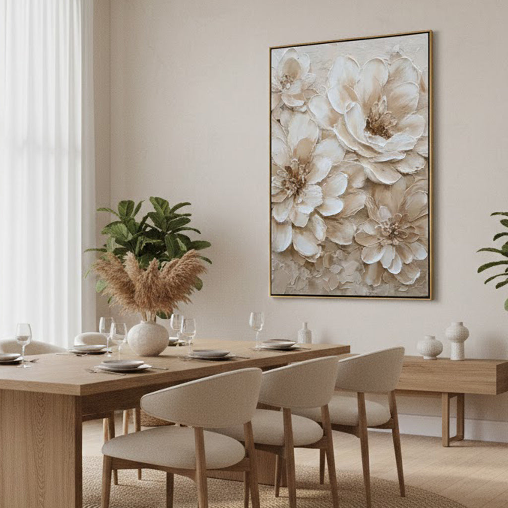 Ivory Petals – Modern Creamy Ivory Abstract Floral Tree Plaster Relief Painting | Contemporary Sculpted Plaster Gallery Art