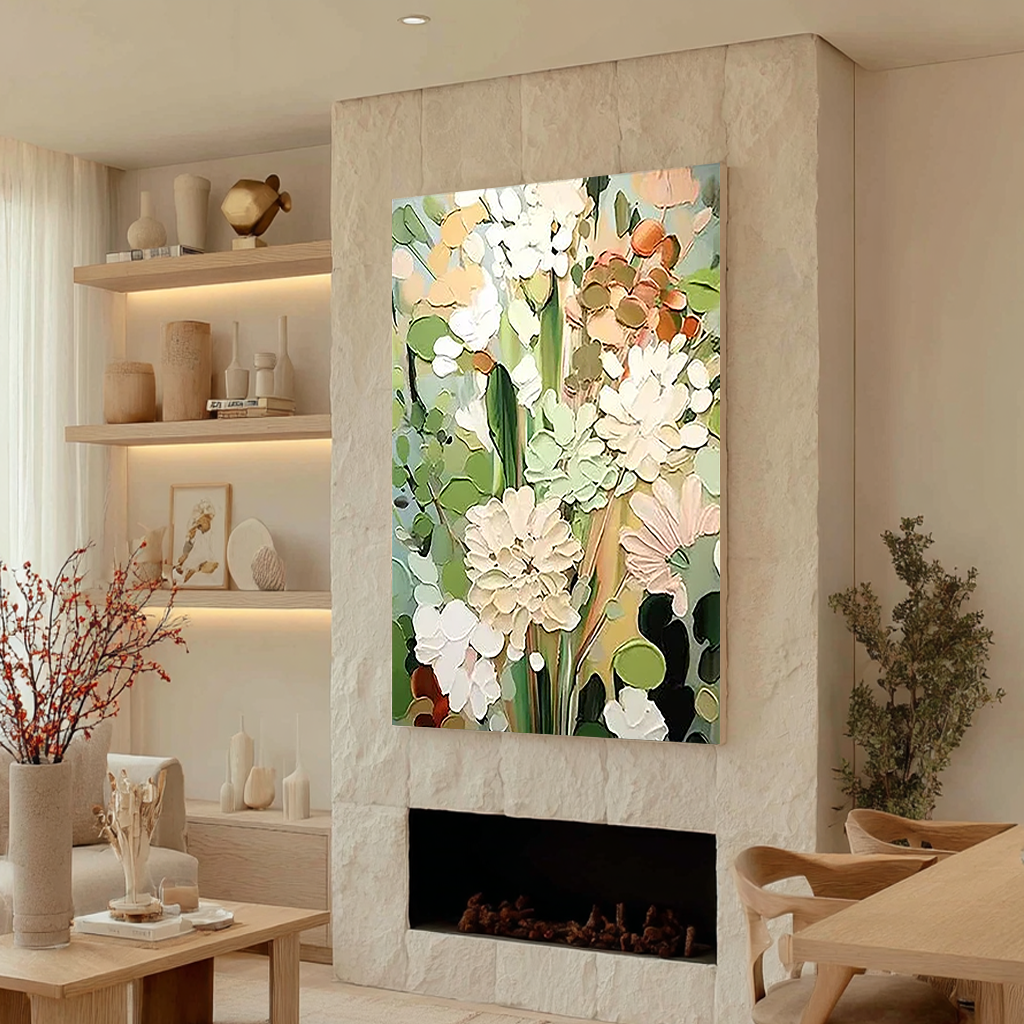 Verdant Bloom – Hand-Painted Sage Green and Cream 3D Impasto Palette Knife Floral Painting | Heavy Texture Studio Art
