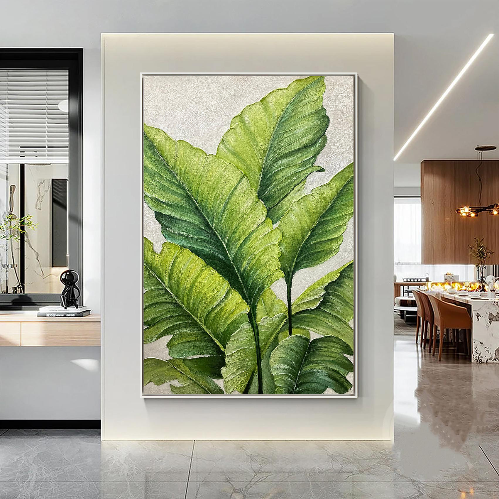 Emerald Breeze – Hand-Painted Emerald Green Tropical Leaf 3D Floral Painting | Tropical Botanical Bedroom & Dining Room Art