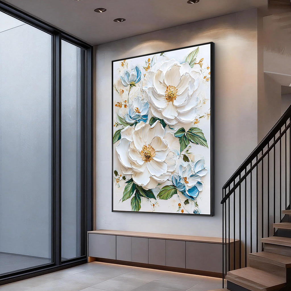 Pure Elegance – Hand-Painted Off-White and Soft Blue 3D Relief Plaster Effect Floral Painting | Soft Organic Botanical Bedroom & Living Room Art