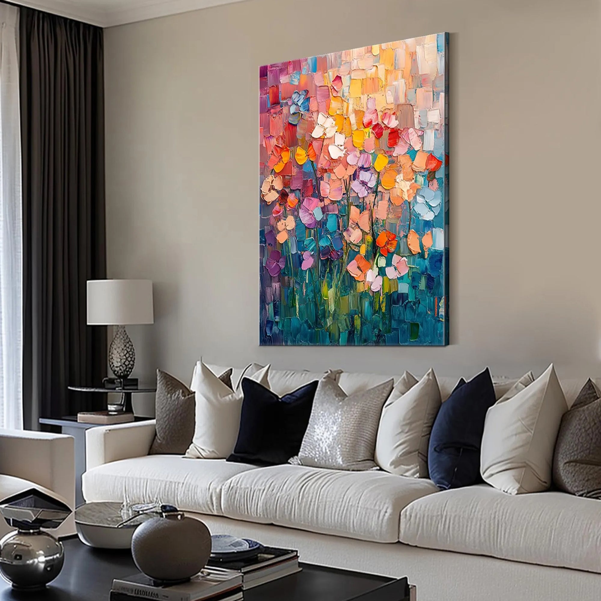 Vibrant Meadow – Hand-Painted Multicolored Rainbow Palette Knife Floral Painting | Vibrant Botanical Living Room & Dining Room Art