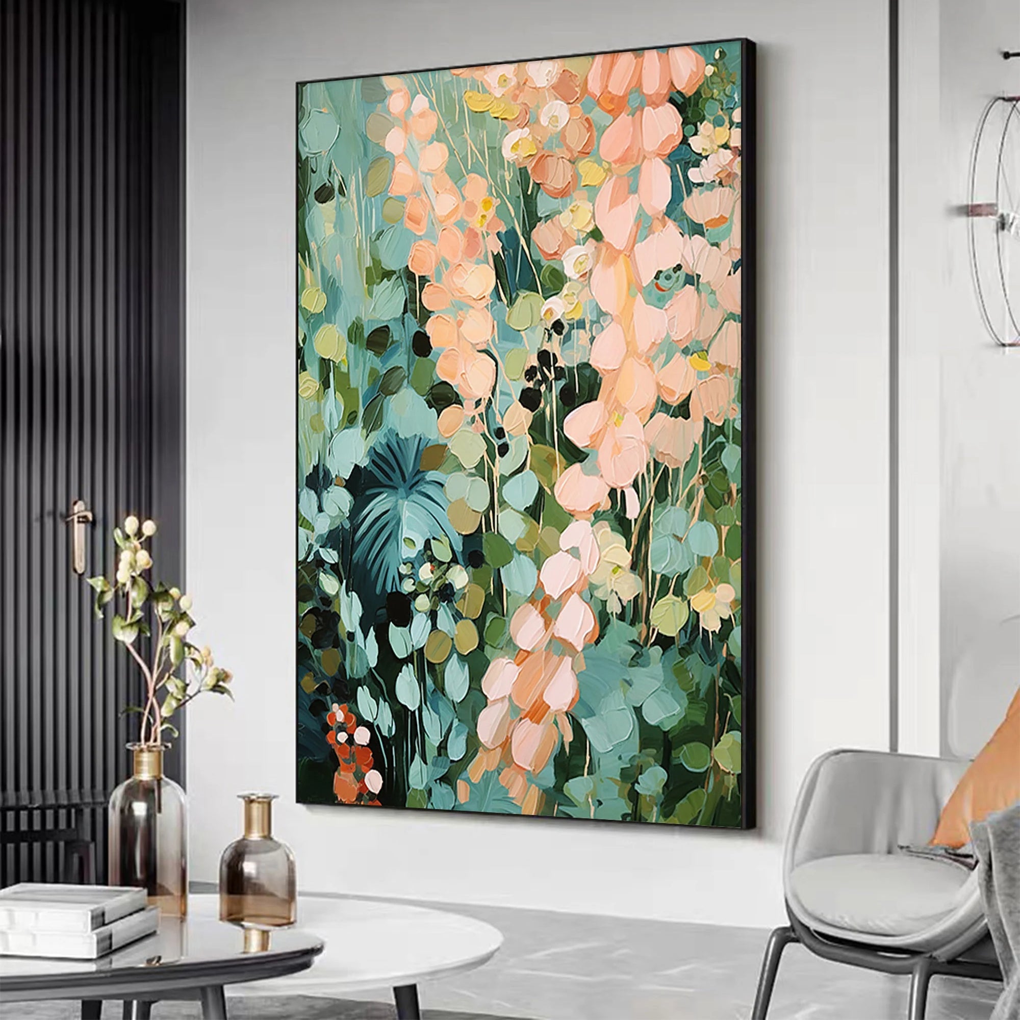 Jungle Bloom – Hand-Painted Deep Green and Apricot Flower Palette Knife Floral Painting | Tropical Botanical Bedroom & Dining Room Art