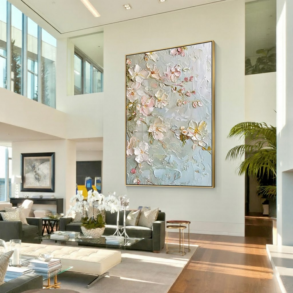 Silver Petals – Hand-Painted Grey and Soft Pink Cherry Blossom 3D Relief Plaster Floral Painting | Contemporary Botanical Bedroom & Living Room Art