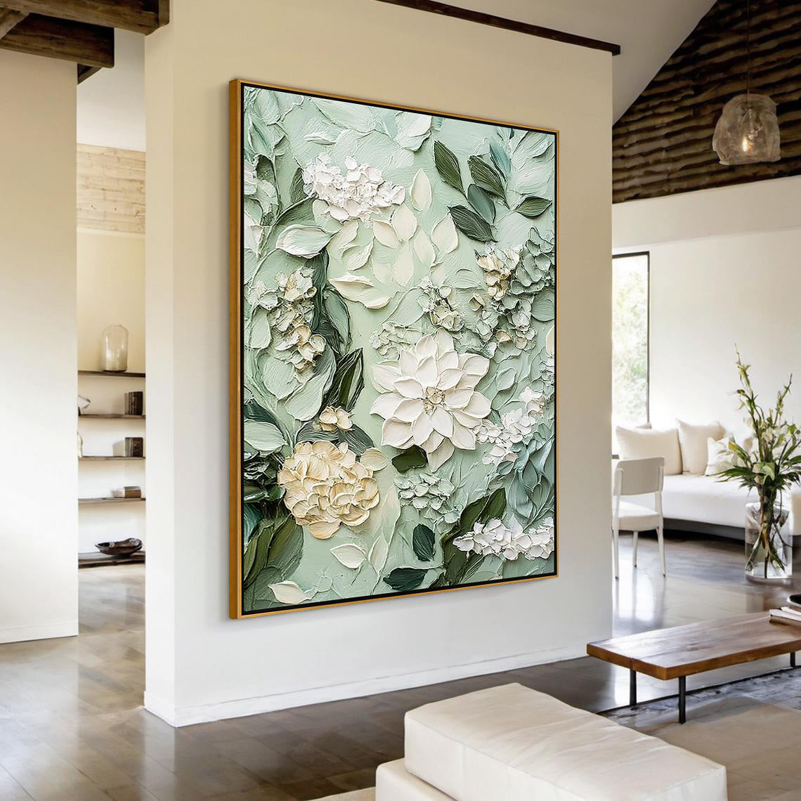 Sage Blossom – Hand-Painted Sage Green and Creamy White 3D Floral Painting | Tropical Botanical Bedroom & Dining Room Art