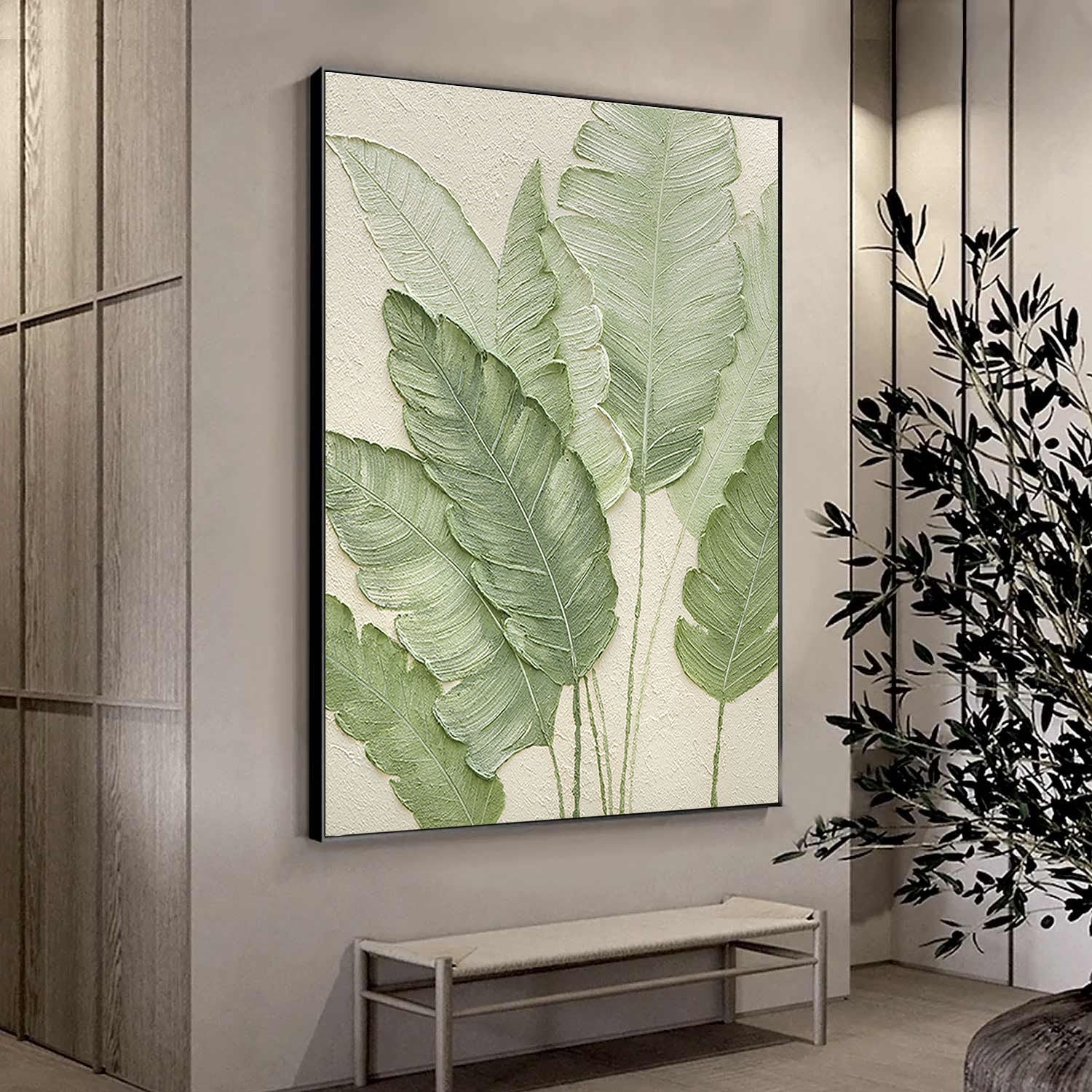Tropical Calm – Hand-Painted Banana Leaf Plaster Relief Minimalist Green Botanical Floral Painting | Tropical Botanical Bedroom & Dining Room Art