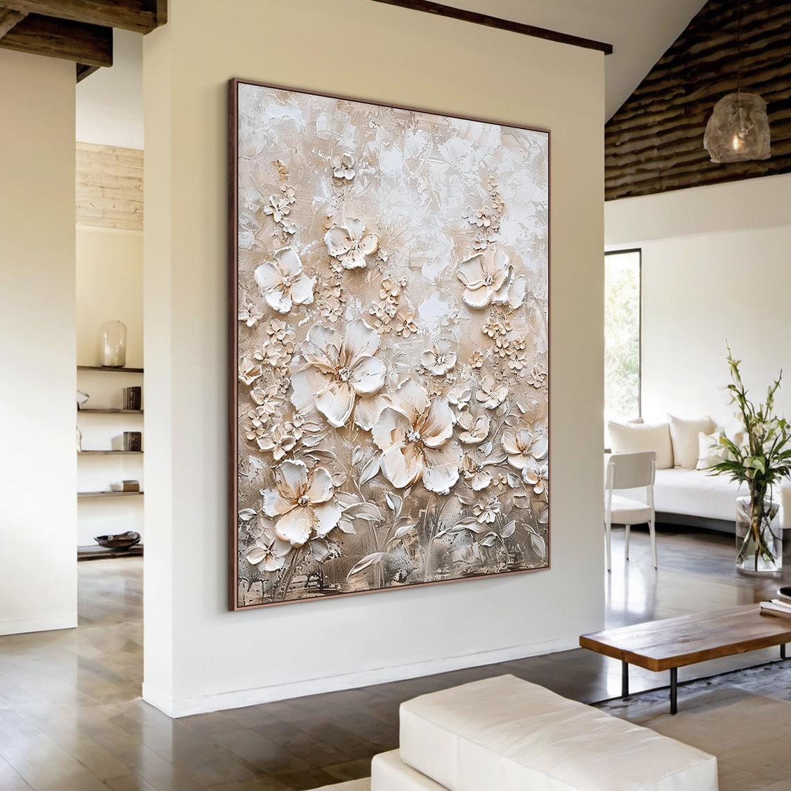 Ivory Petals – Hand-Painted Champagne White Blossom 3D Relief Floral Painting | Soft Organic Botanical Bedroom & Living Room Art