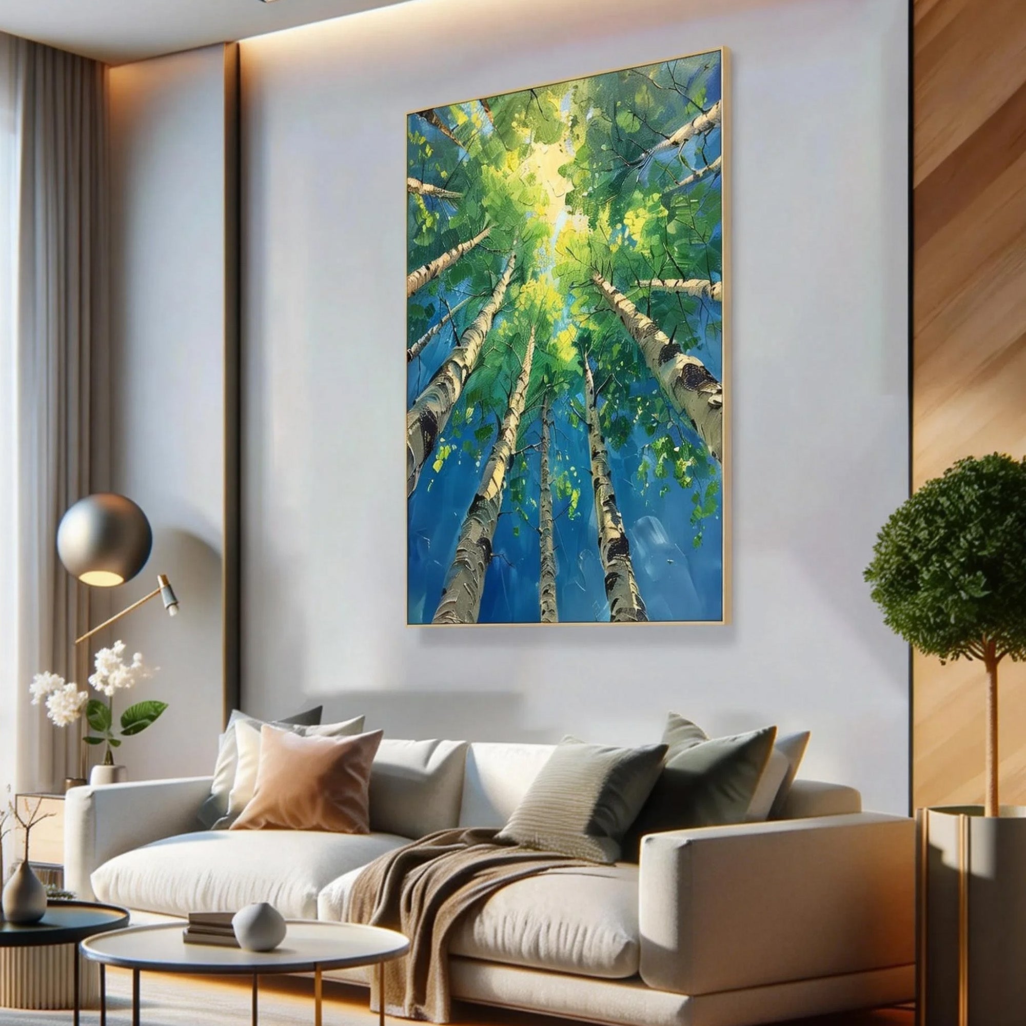 Azure Birch – Hand-Painted Looking Up Birch Forest Blue Sky Palette Knife Thick Nature Painting | Coastal Modern Living Room & Bedroom Art