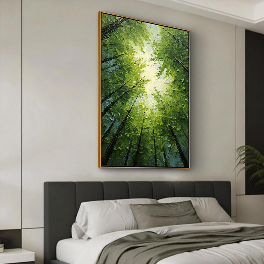 Emerald Canopy – Hand-Painted Worm's-Eye View Green Tree Sunlight Palette Knife Forest Painting | Contemporary Landscape Living Room & Dining Room Art