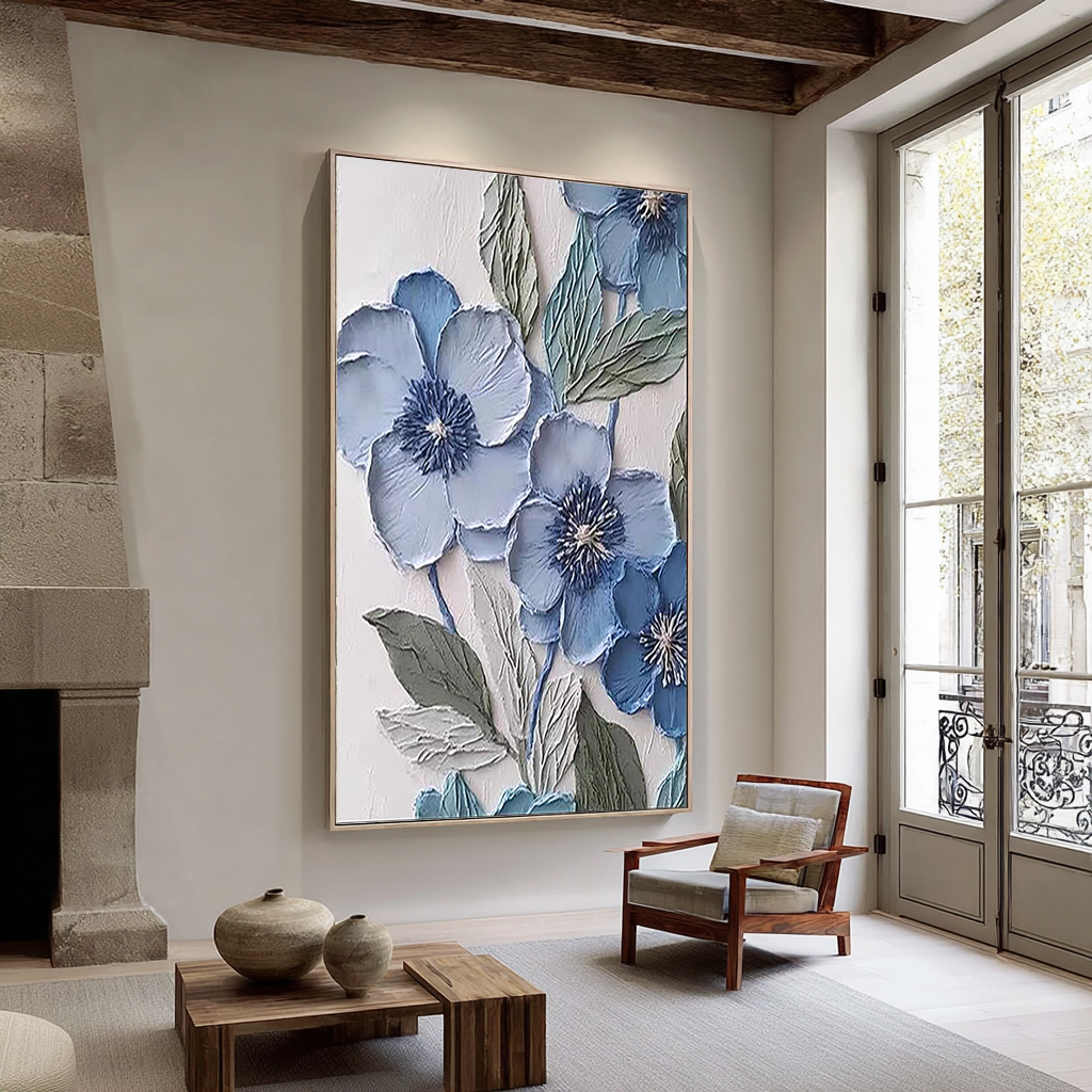 Dusty Blue – Hand-Painted Grey Blue and Slate 3D Relief Plaster Effect Floral Painting | Contemporary Botanical Bedroom & Living Room Art