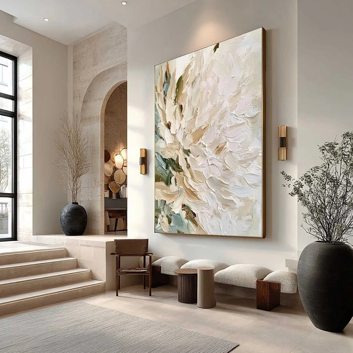 Petal Layers – Hand-Painted Creamy White and Beige 3D Floral Painting | Soft Organic Botanical Bedroom & Living Room Art