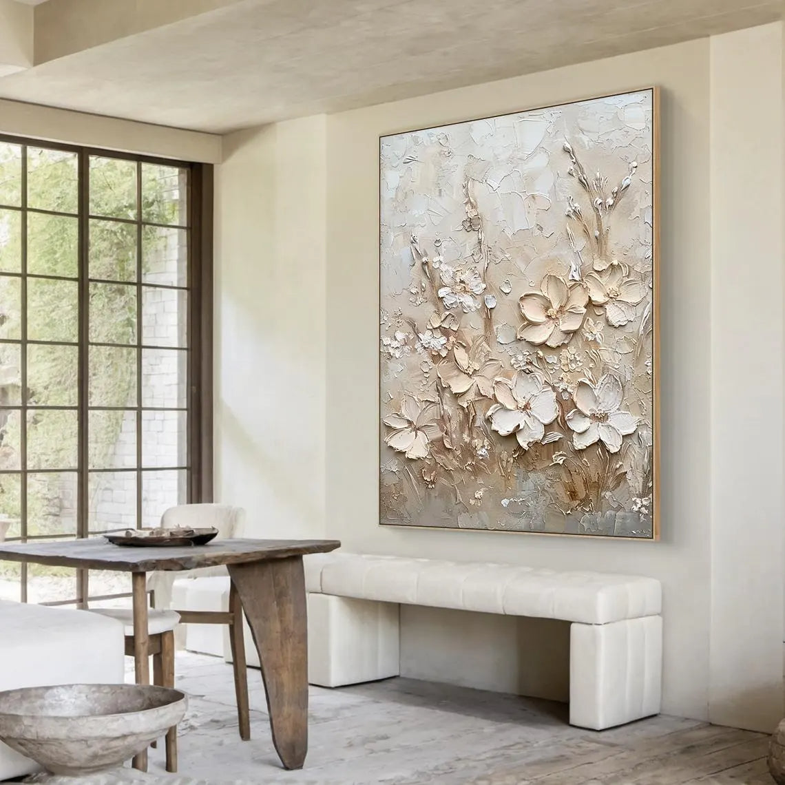Ivory Blossoms – 3D Impasto Creamy White Floral Hand-Painted Plaster Effect Floral Painting | Soft Organic Botanical Bedroom & Living Room Art