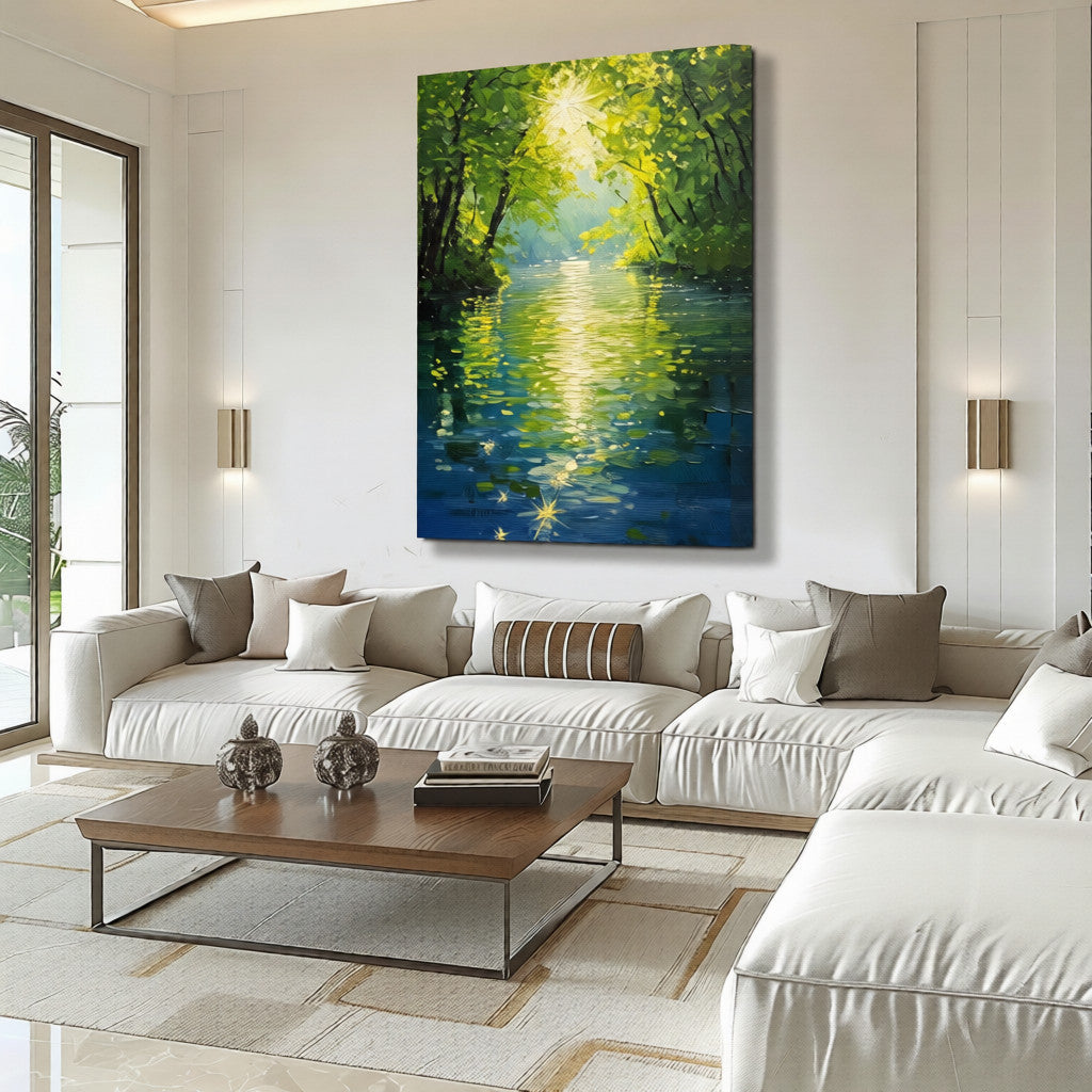 Verdant Flow – Hand-Painted Impressionist Forest River Scenery Textured Oil Landscape Painting | Contemporary Landscape Living Room & Dining Room Art