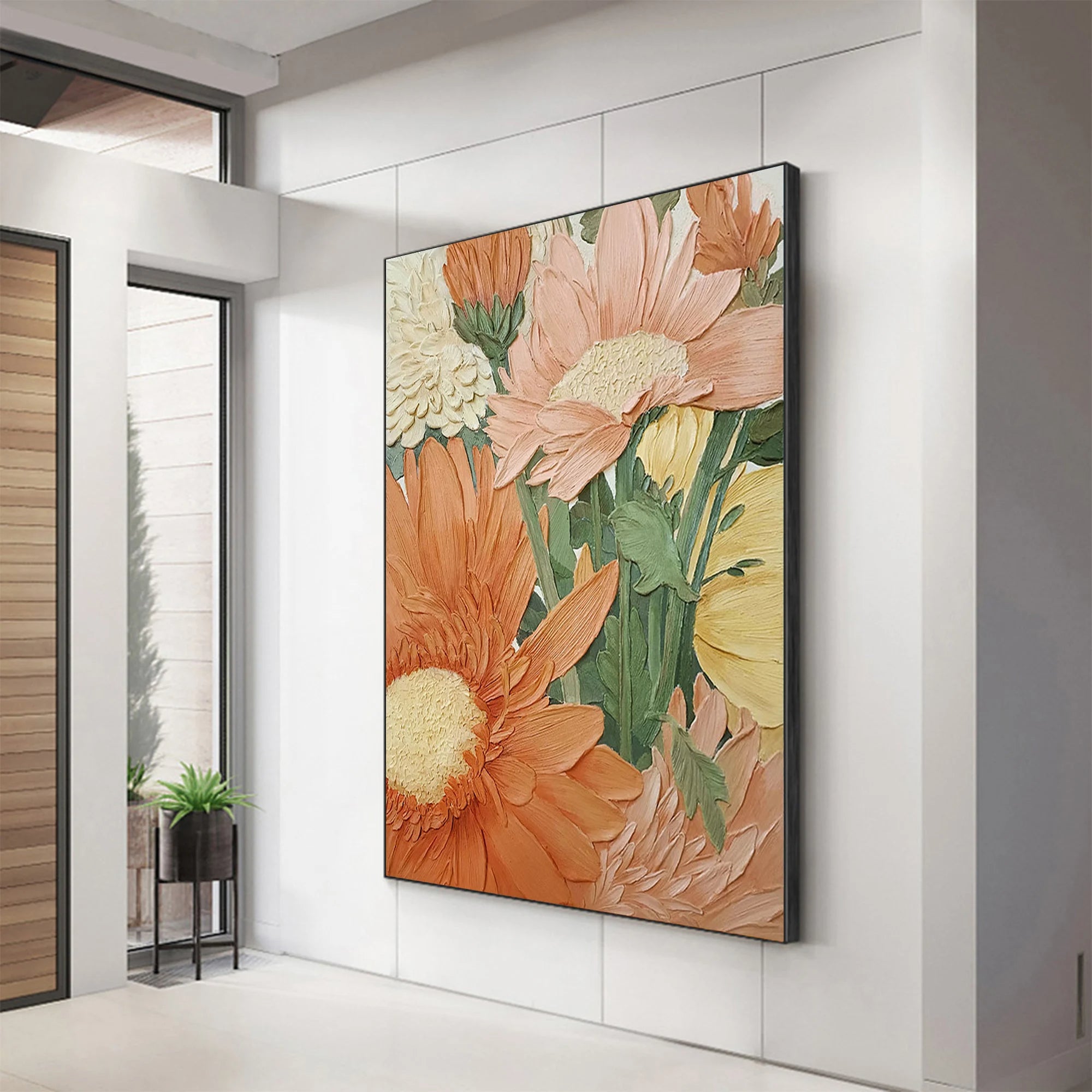 Bohemian Bloom – 3D Plaster Effect Textured Danish Pastel Maximalist Floral Painting | Contemporary Botanical Bedroom & Living Room Art