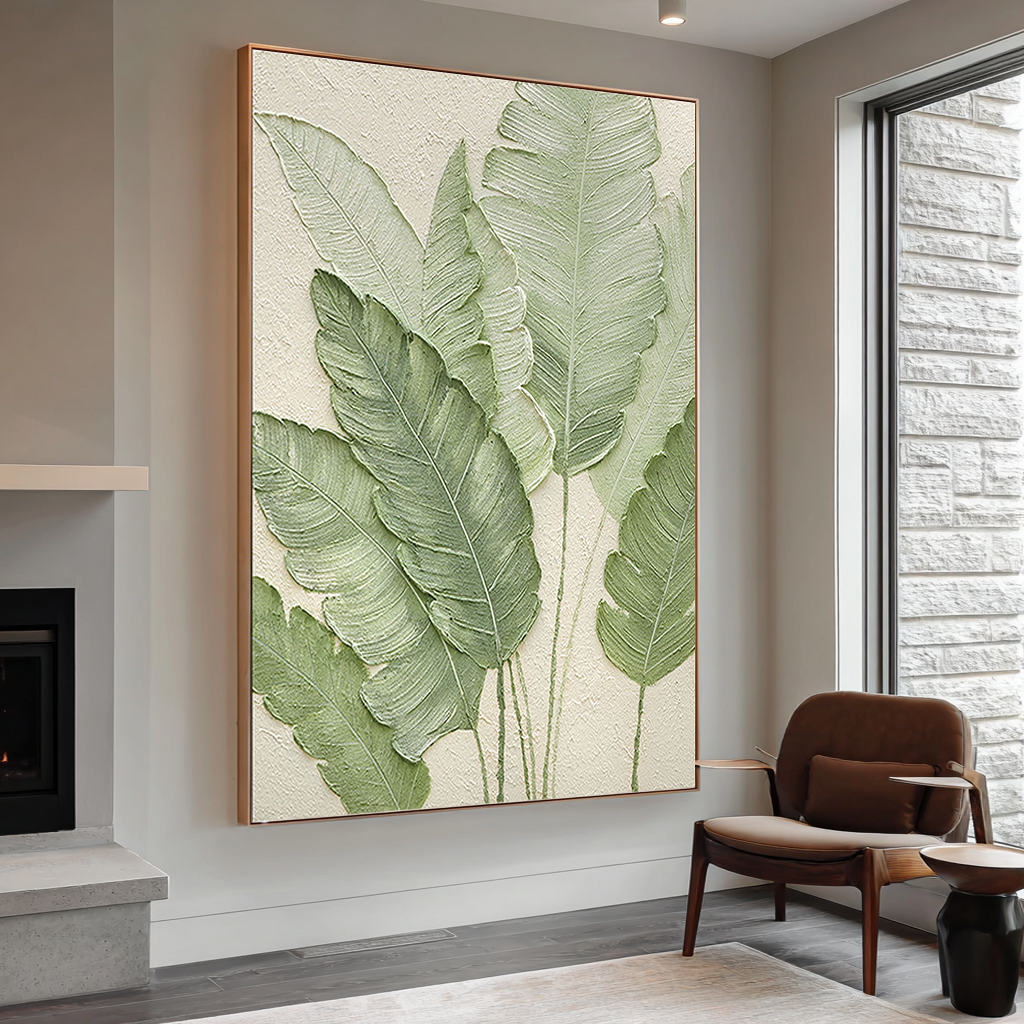 Emerald Whisper – Right-Facing Botanical Relief with Gold Edges Texture Painting | Modern Luxury Botanical Bedroom & Living Room Art
