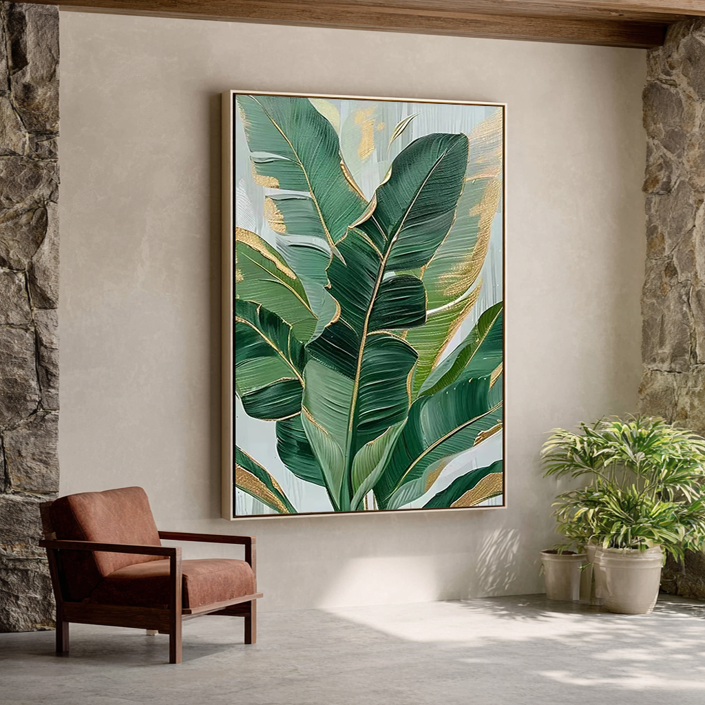 Emerald Whispers – Center Focus Botanical Relief with Gold Edges Texture Painting | Modern Luxury Botanical Living Room Wall Decor