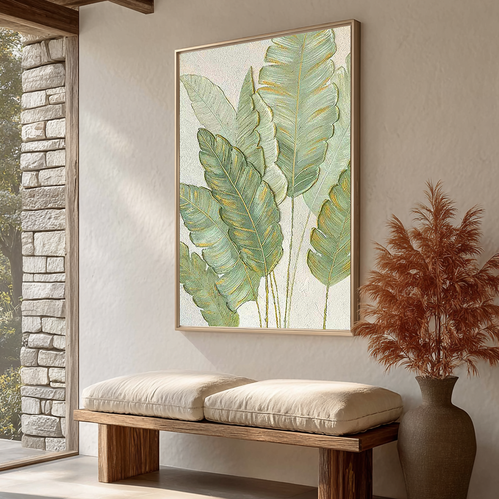Emerald Whisper – Left-Facing Botanical Relief with Gold Edges Texture Painting | Modern Luxury Botanical Bedroom & Living Room Art