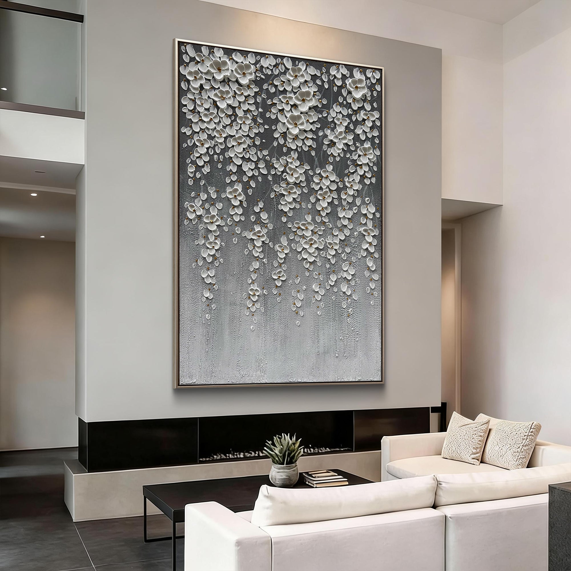 Cascading Bloom – Ombre Grey Floral Relief Texture Painting | Contemporary Botanical Bedroom & Living Room Art