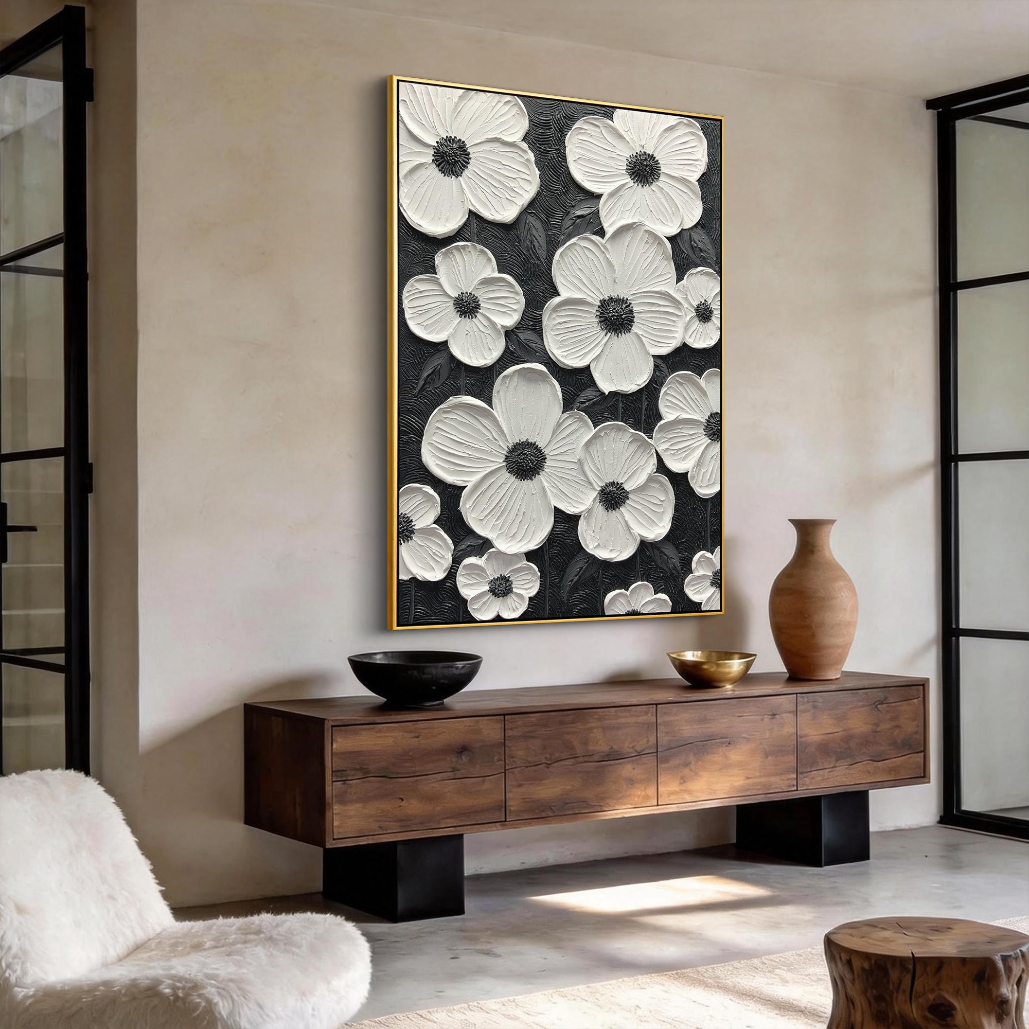 Stark Petals – Sculptural Monochrome Canvas | Ultra-Modern High-Contrast Statement Living Room Art