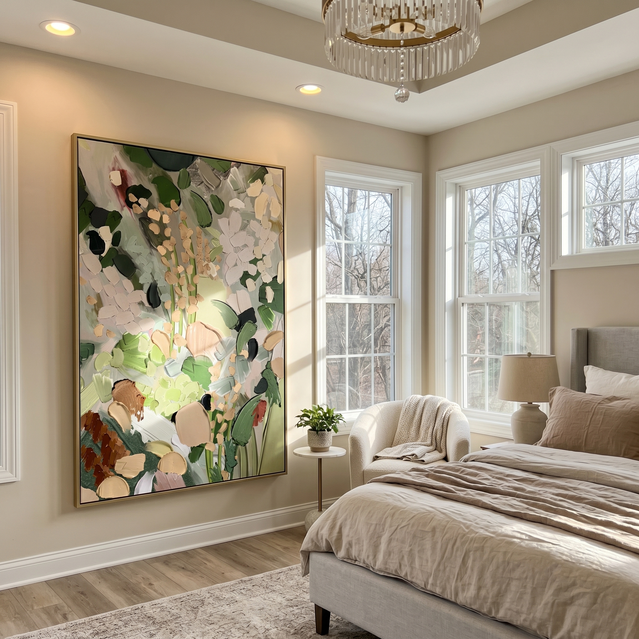 The Secret Garden – Modern Sage Green Impasto Floral Painting | Organic Living Room Vertical Canvas Art
