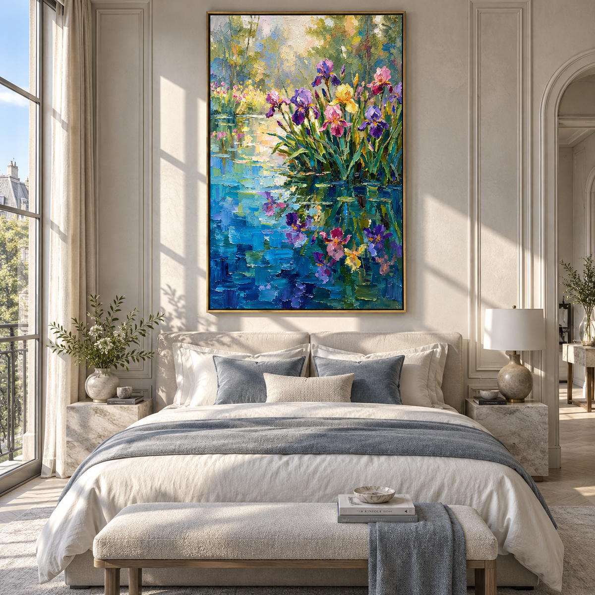 Iris Light on Water – colorful iris pond painting displayed in a bright interior