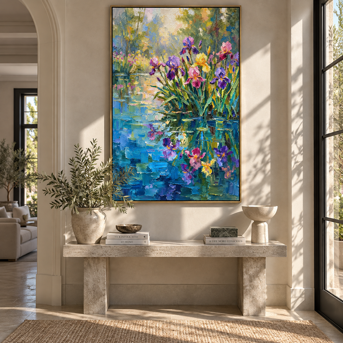 Iris Light on Water – textured floral garden artwork shown in a living room