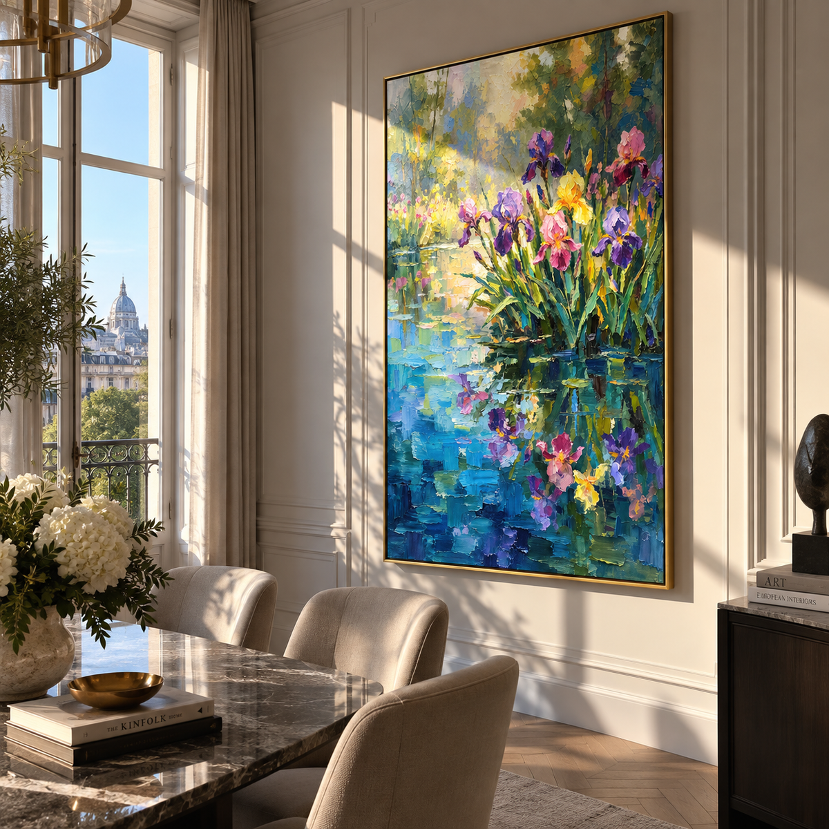 Iris Light on Water – vertical botanical painting styled in a restful bedroom