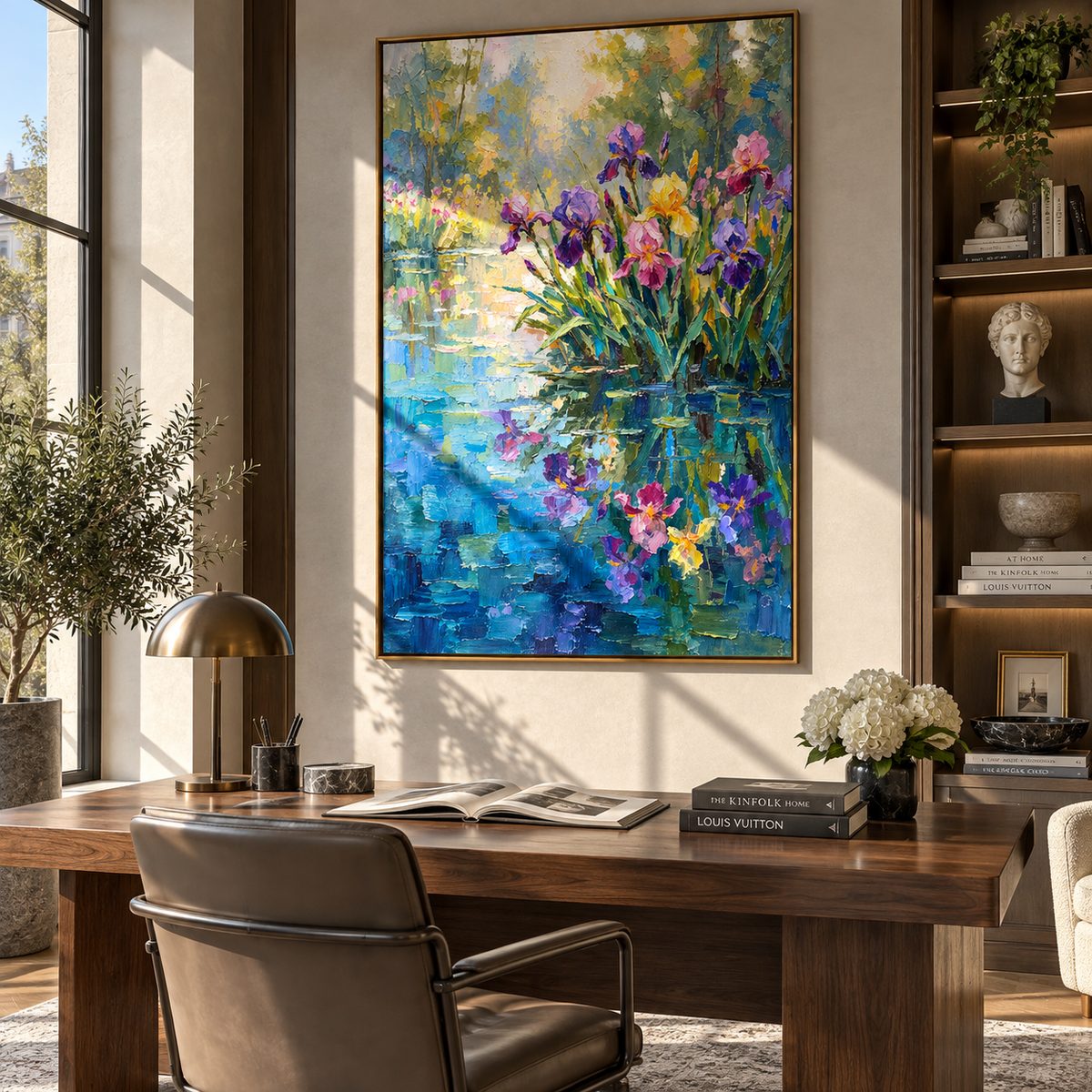 Iris Light on Water – textured flower pond painting in an alternate room setting