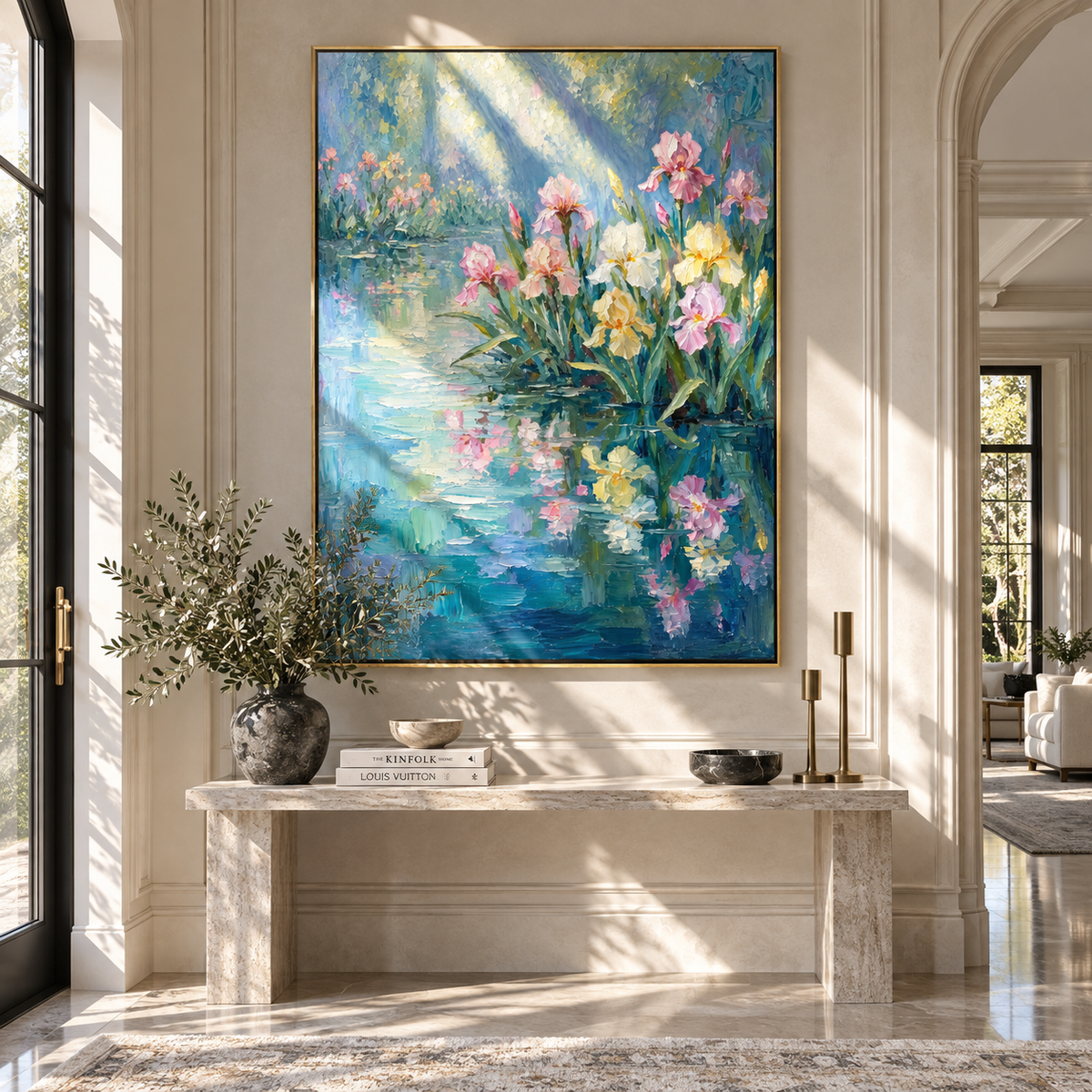 Morning Irises in Blue – blue water and iris wall art in a modern interior