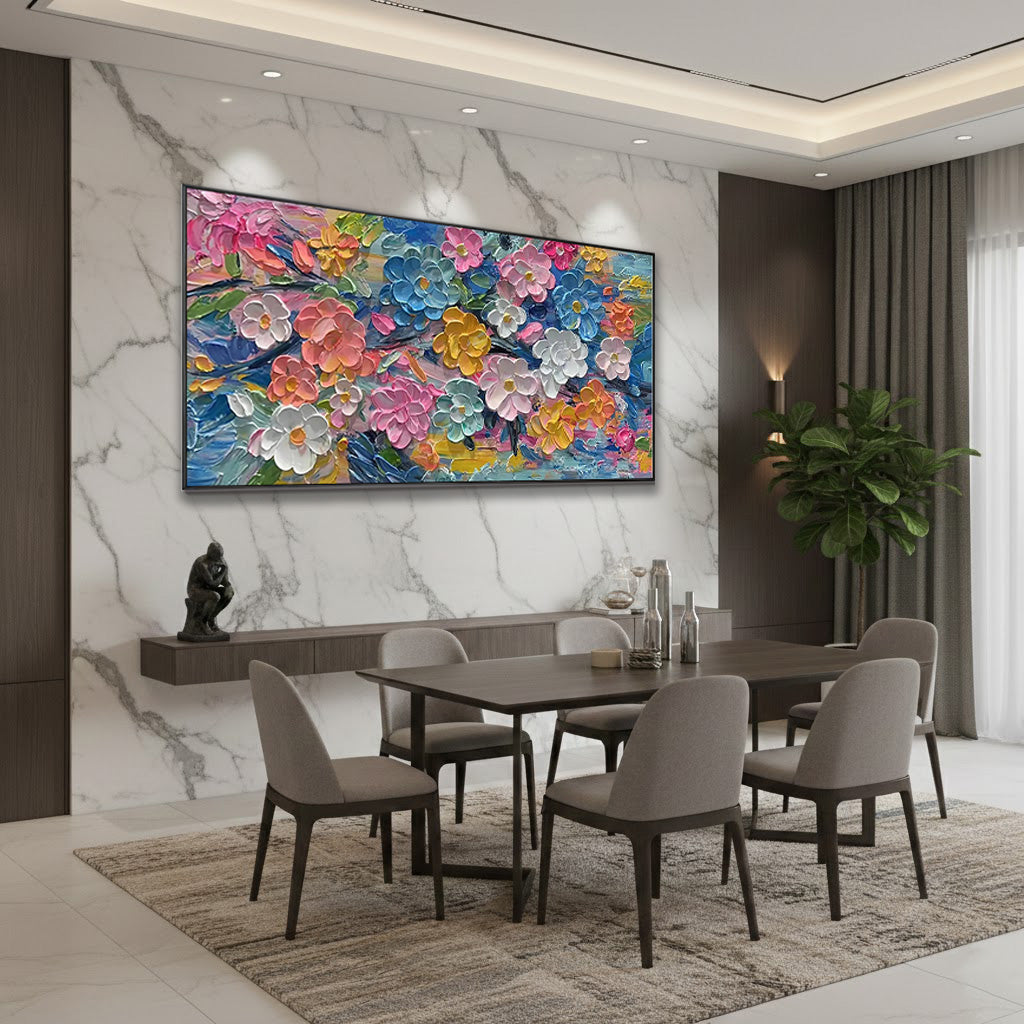 Prismatic Bloom – Hand-Painted Vibrant Multicolored 3D Impasto Palette Knife Floral Painting | Vibrant Botanical Living Room & Dining Room Art