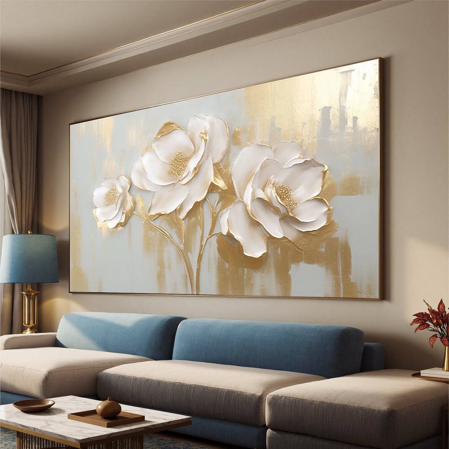 Golden Elegance – Hand-Painted Light Grey and Gold Foil 3D Relief Plaster Effect Floral Painting | Modern Luxury Botanical Bedroom & Living Room Art