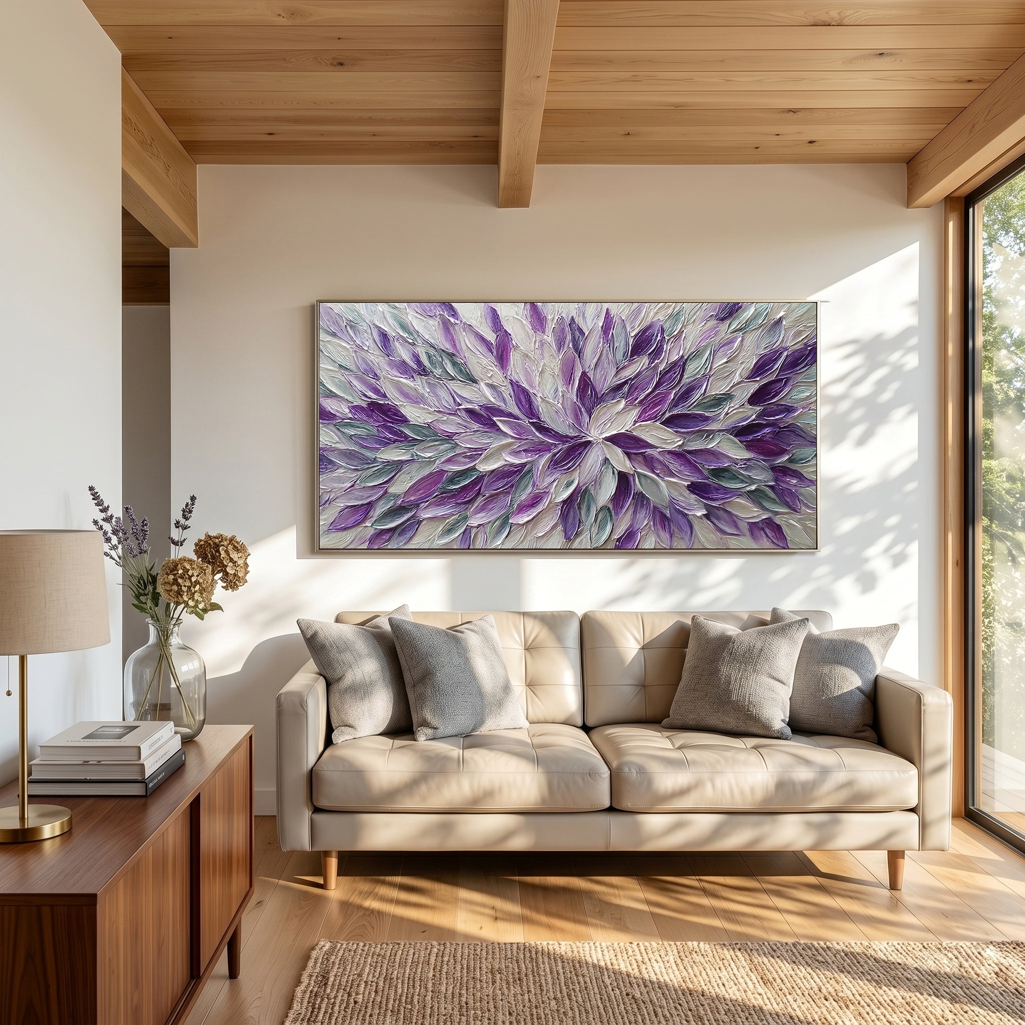 Lavender Whirl – Modern Impasto Abstract Oil Painting | Textured Floral Panorama Living Room Art