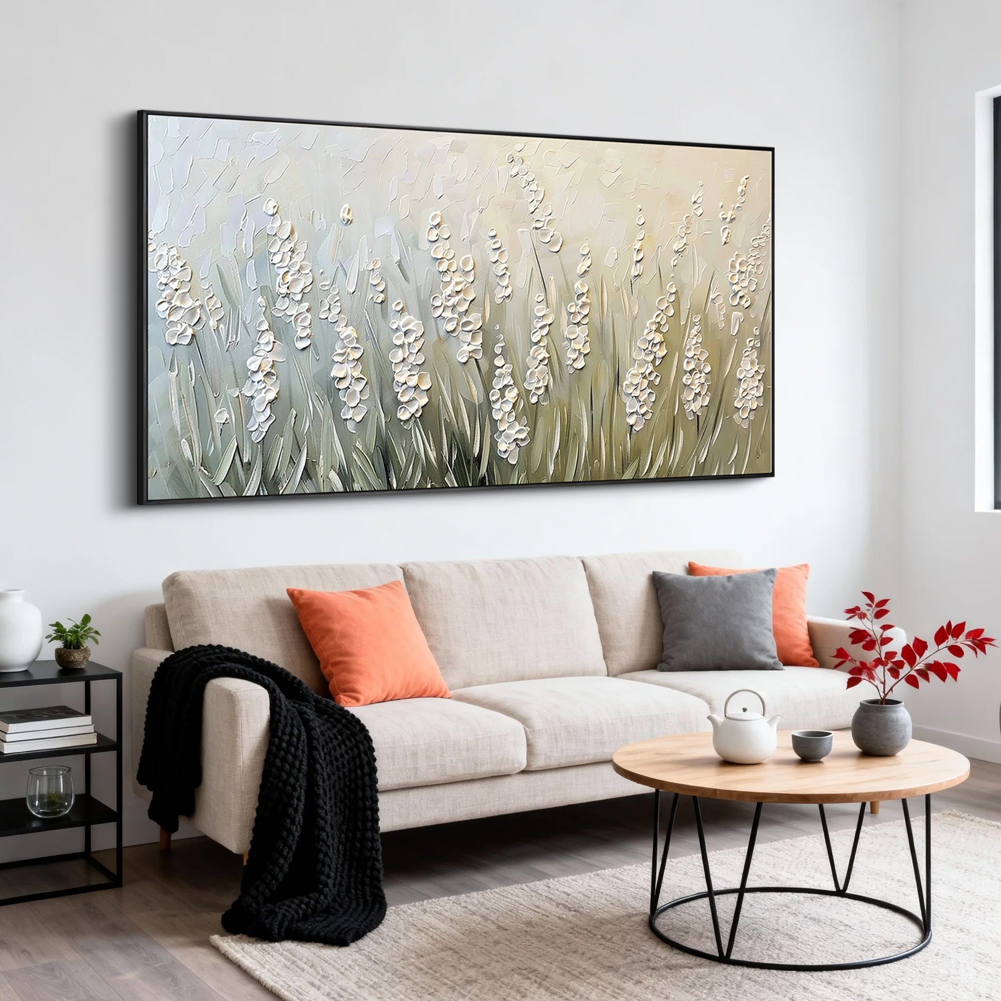 Wild Lavender – Hand-Painted Sage Green 3D Impasto Heavy Texture Plaster Floral Painting | Tropical Botanical Bedroom & Dining Room Art
