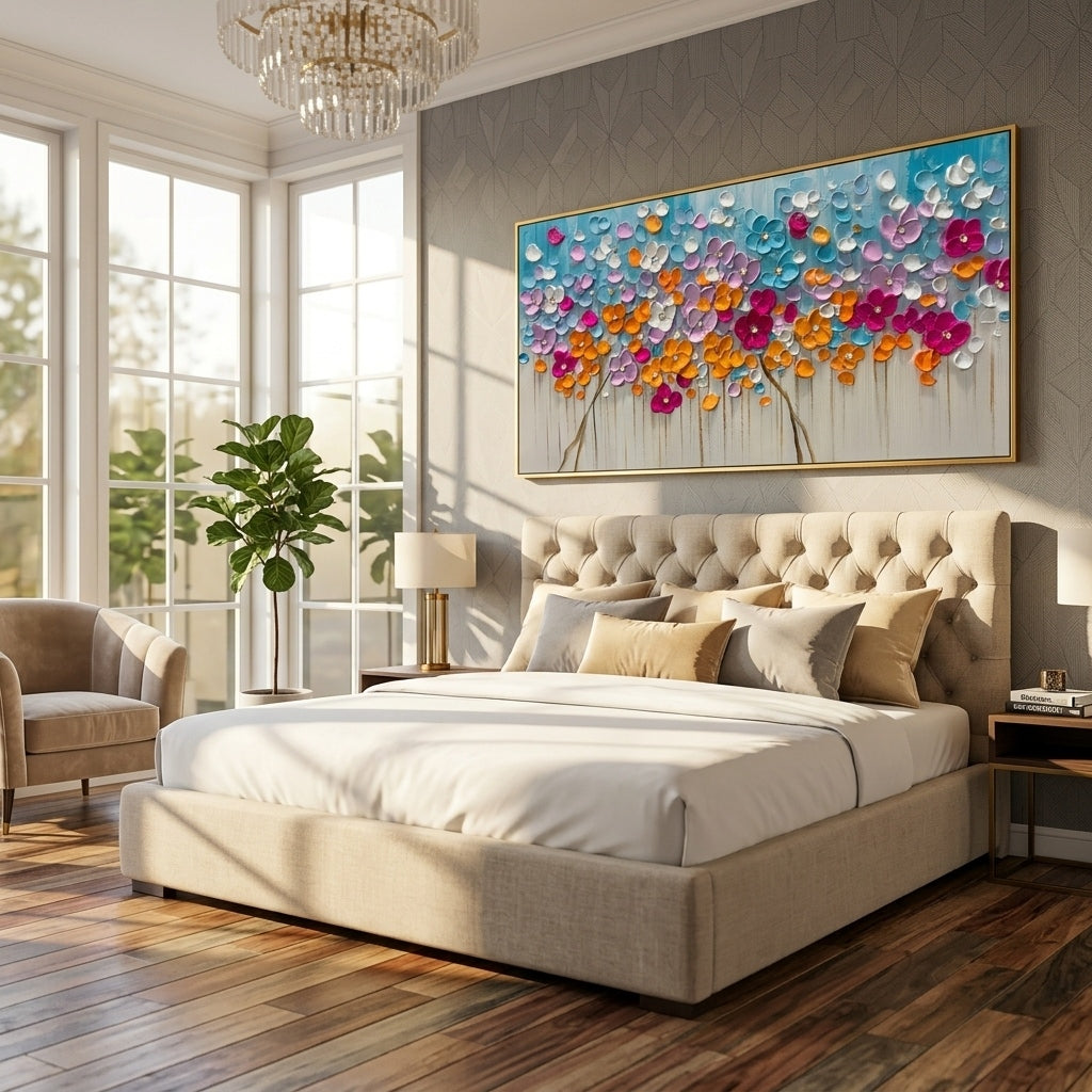 Blossom Symphony – Modern Heavy Impasto Floral Oil Painting | Textured Prosperity Tree Living Room Art