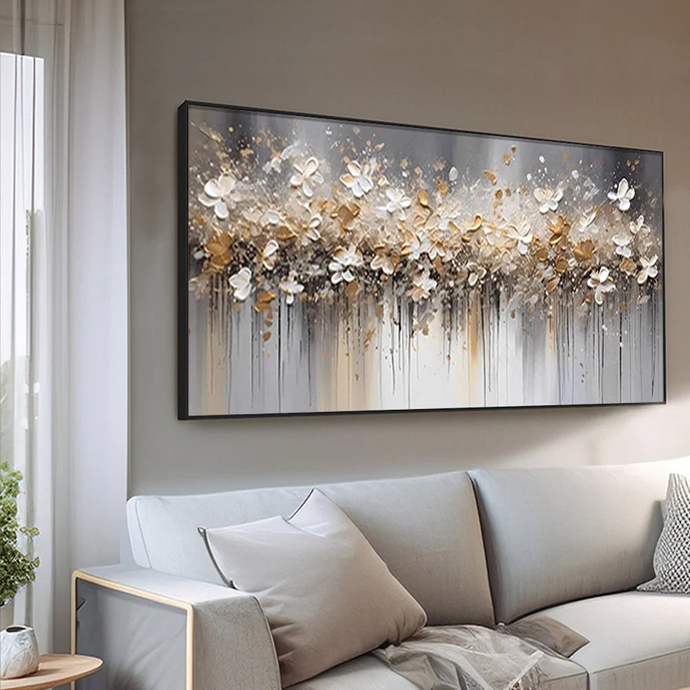 Golden Elegance – luxury Gold Foil White Blossom Hand-Painted Floral Painting | Modern Luxury Botanical Bedroom & Living Room Art