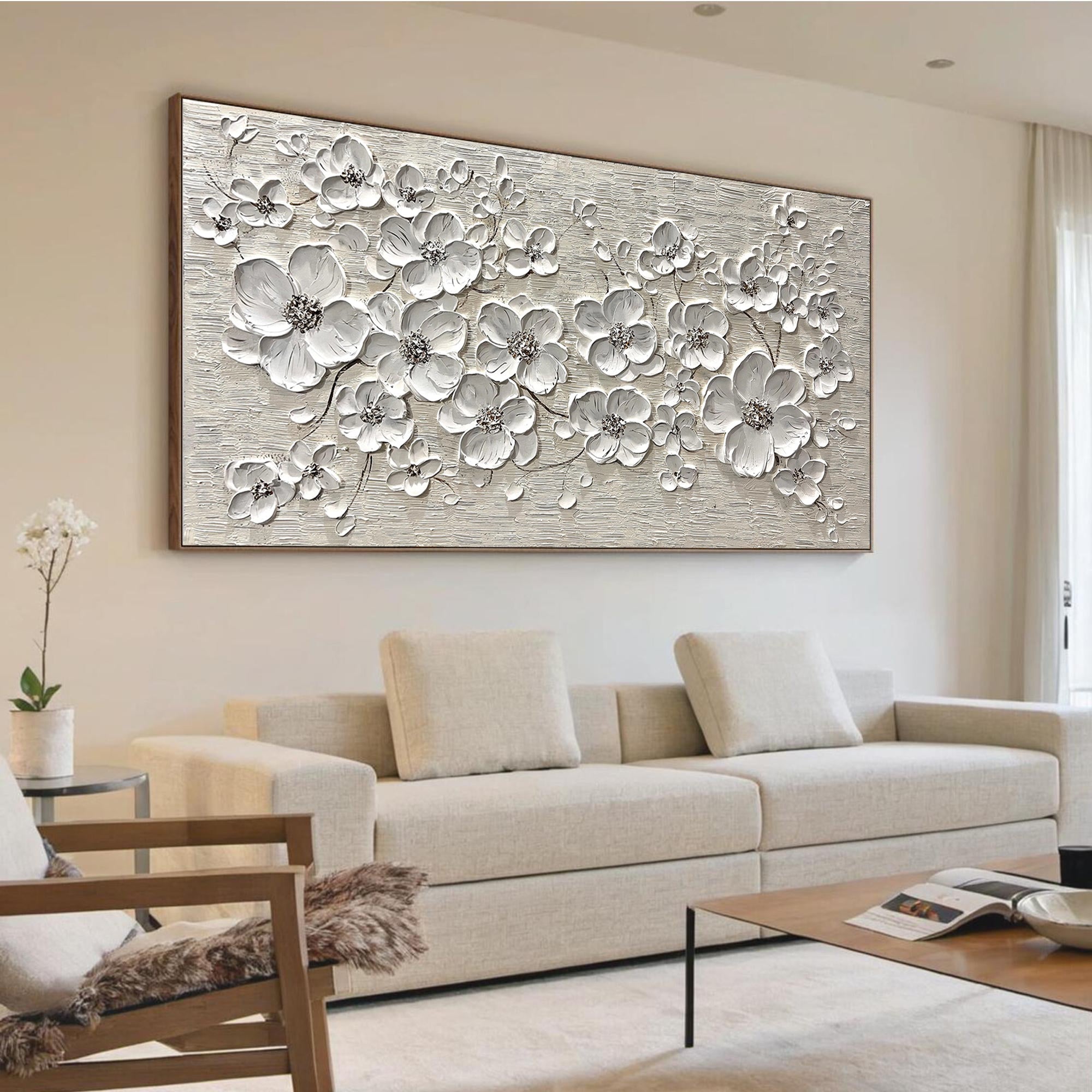 White Harmony – Hand-Painted 3D Impasto White Blossom Floral Painting | Contemporary Botanical Bedroom & Living Room Art
