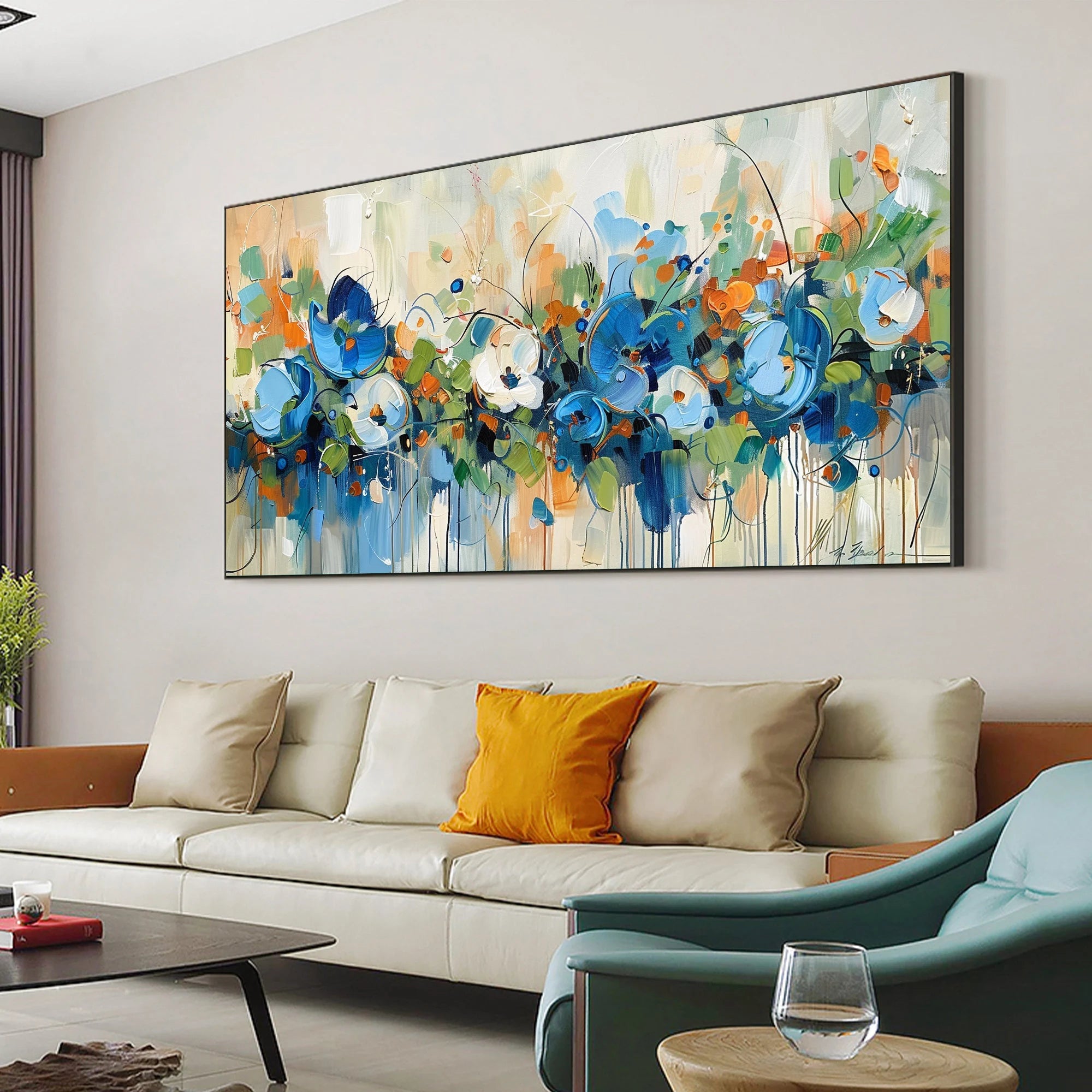 Azure Whisper – Hand-Painted Blue Wildflower Palette Knife Thick Textured Impressionist Oil Floral Painting | Contemporary Botanical Bedroom & Living Room Art