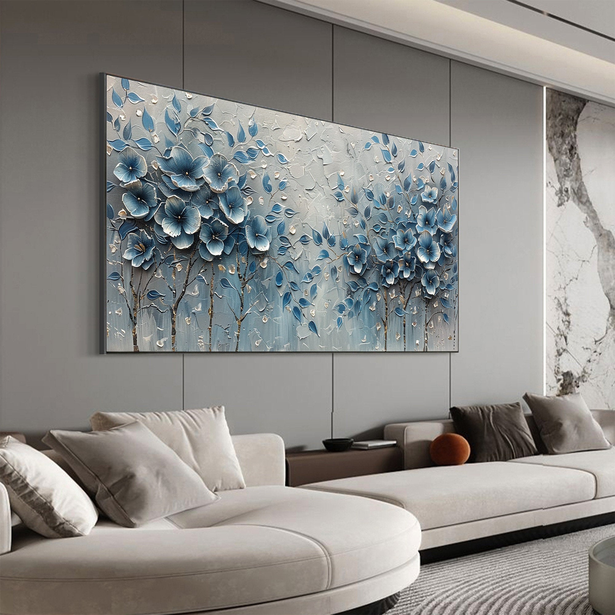 Midnight Navy – Panoramic Heavy Texture Floral Oil Floral Painting | Contemporary Botanical Bedroom & Living Room Art