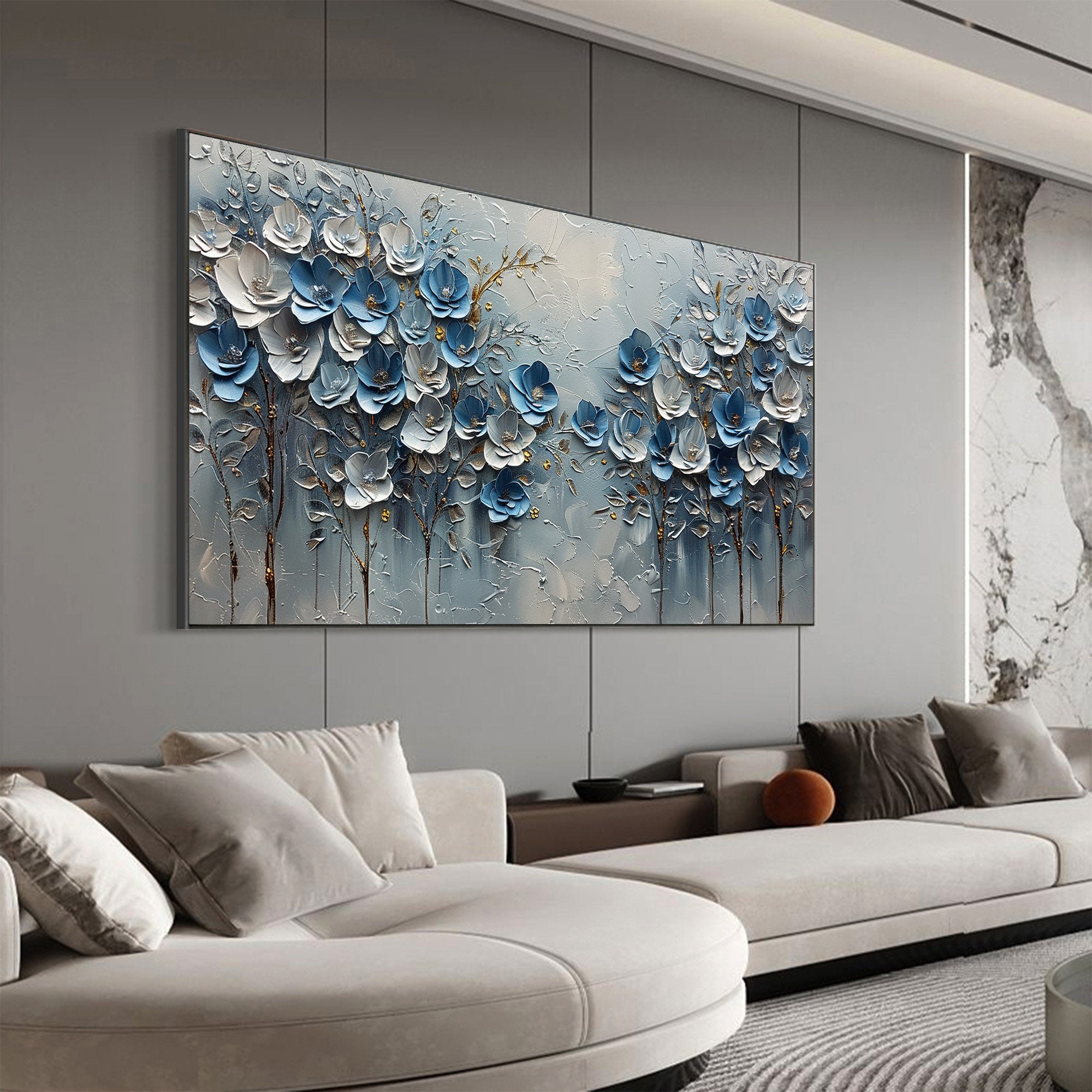 Cerulean Bloom – Hand-Painted Blue and White 3D Textured Palette Knife Floral Painting | Contemporary Botanical Bedroom & Living Room Art