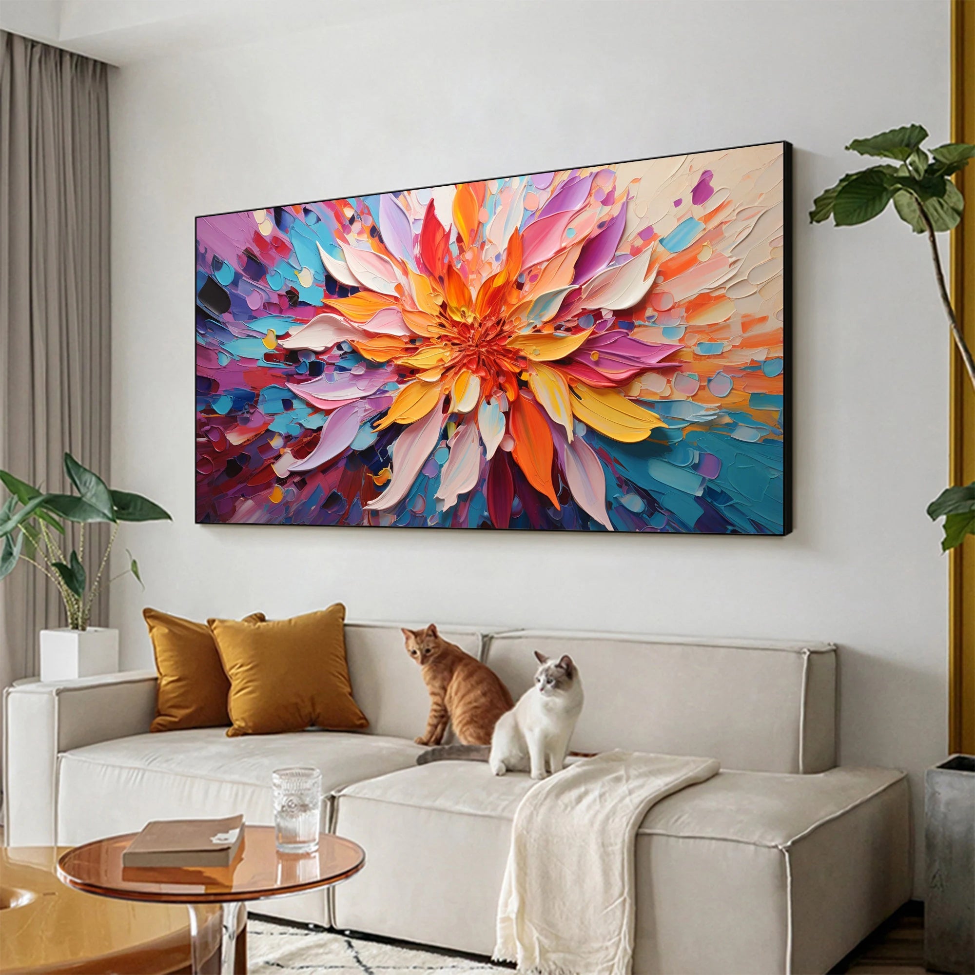 Radiant Petals – Hand-Painted Radial Palette Knife Petals Thick Floral Painting | Contemporary Botanical Bedroom & Living Room Art