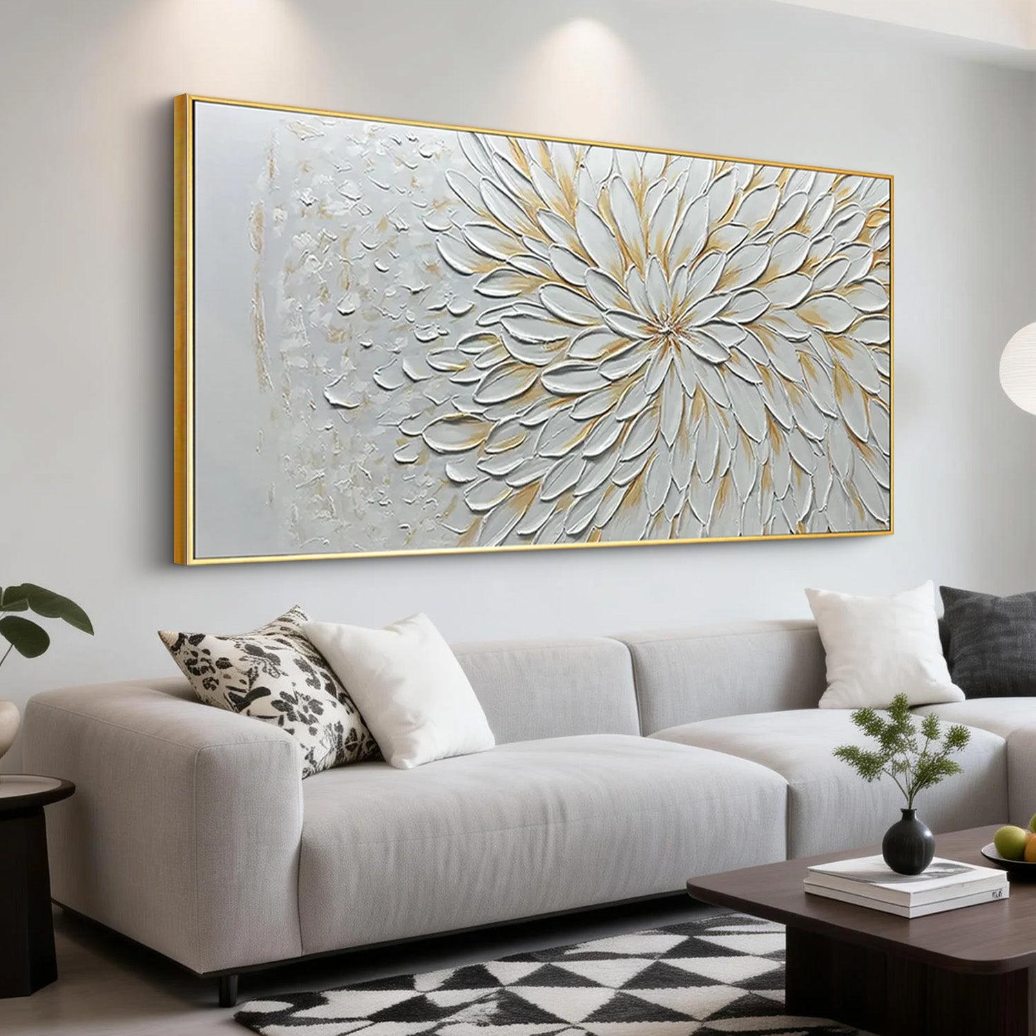 Eternal Radiance – 3D Impasto White Sunburst Heavy Texture Hand-Painted Floral Painting | Contemporary Botanical Bedroom & Living Room Art
