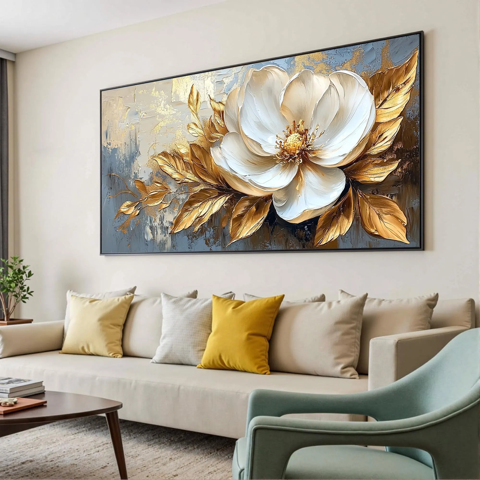 Golden Magnolia – Luxury Gold Leaf 3D Magnolia Hand-Painted Floral Painting | Modern Luxury Botanical Bedroom & Living Room Art
