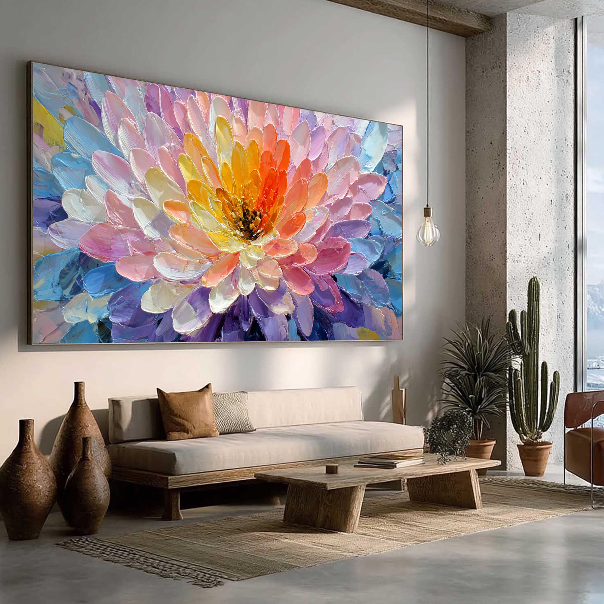 Vivid Bloom – Modern Rainbow Petal Relief Floral Painting | Vibrant Botanical Living Room & Dining Room Art